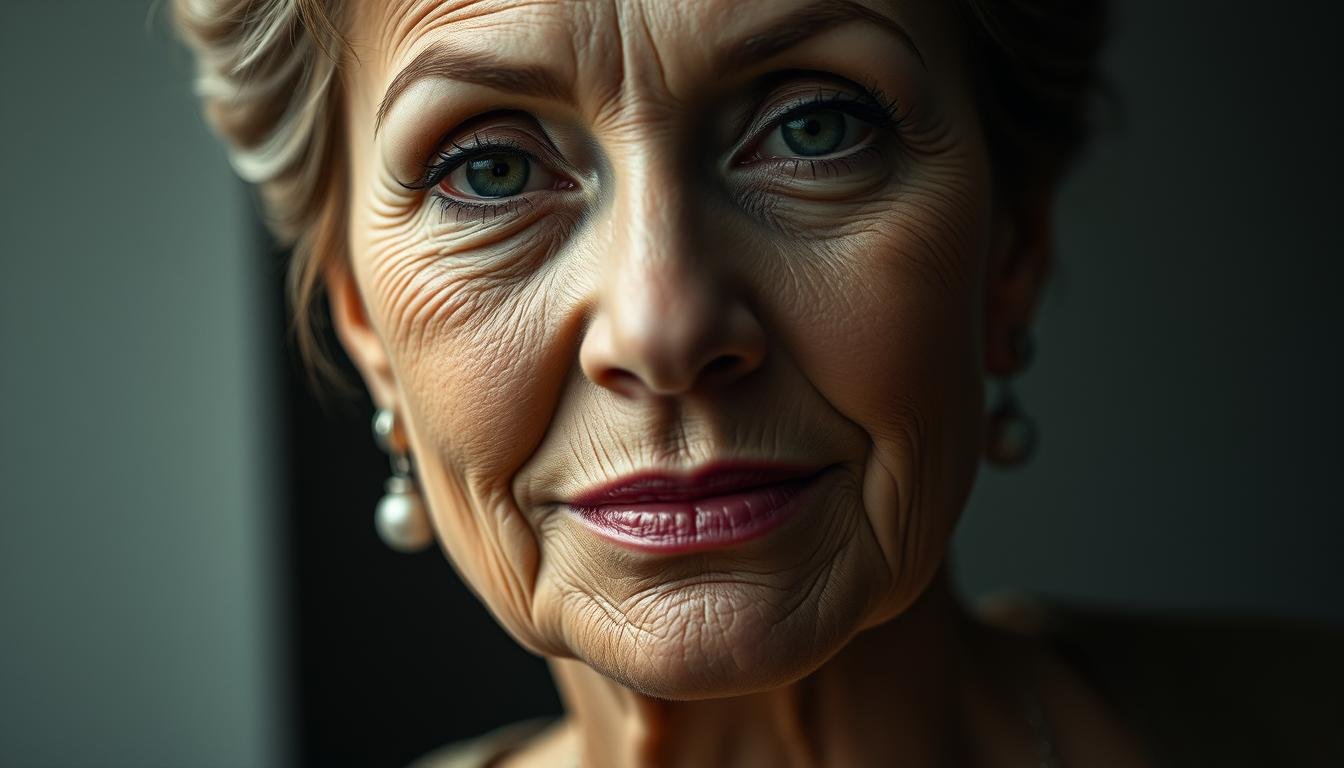 A close-up portrait of a mature, refined woman with delicate features and an elegant, regal demeanor. Her well-defined jawline and strong chin convey a sense of authority and wisdom. The lighting casts soft, flattering shadows, highlighting the contours of her face in a chiaroscuro effect. The background is blurred and muted, keeping the focus on her captivating visage. The overall mood is serene, sophisticated, and evocative of a lifetime of grace and prosperity.