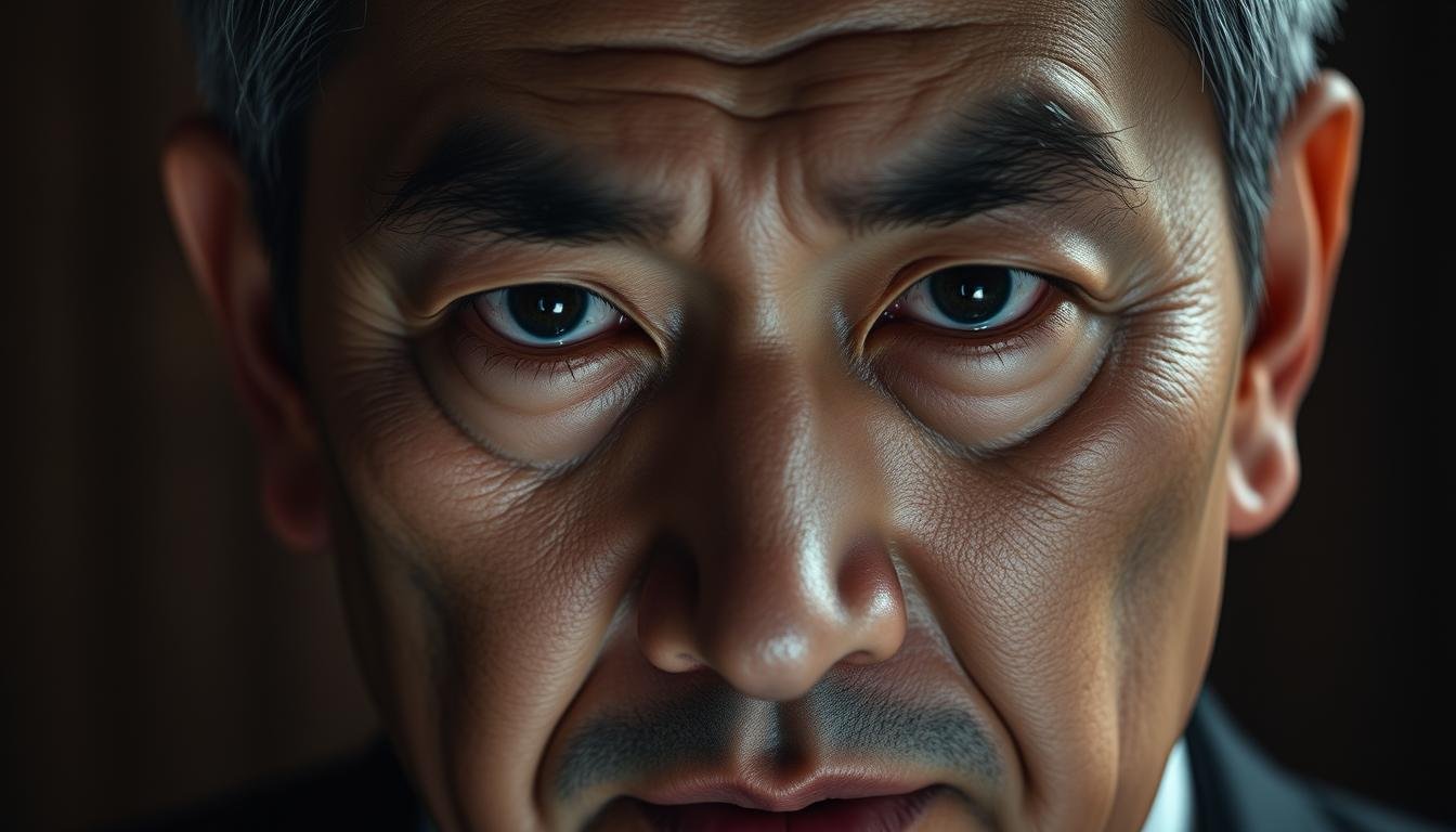 A close-up portrait of a middle-aged Asian man with a stern, calculating expression. His eyebrows are slightly furrowed, and his eyes convey a sense of deep contemplation. The lighting is dramatic, casting dramatic shadows that accentuate the angles of his face. The background is blurred, keeping the focus on the subject's face and its intricate details. The man's expression suggests an air of cunning and strategic thinking, hinting at his complex, manipulative nature. This image captures the essence of the "心機重男性" archetype, providing a visually compelling representation of the section's topic.