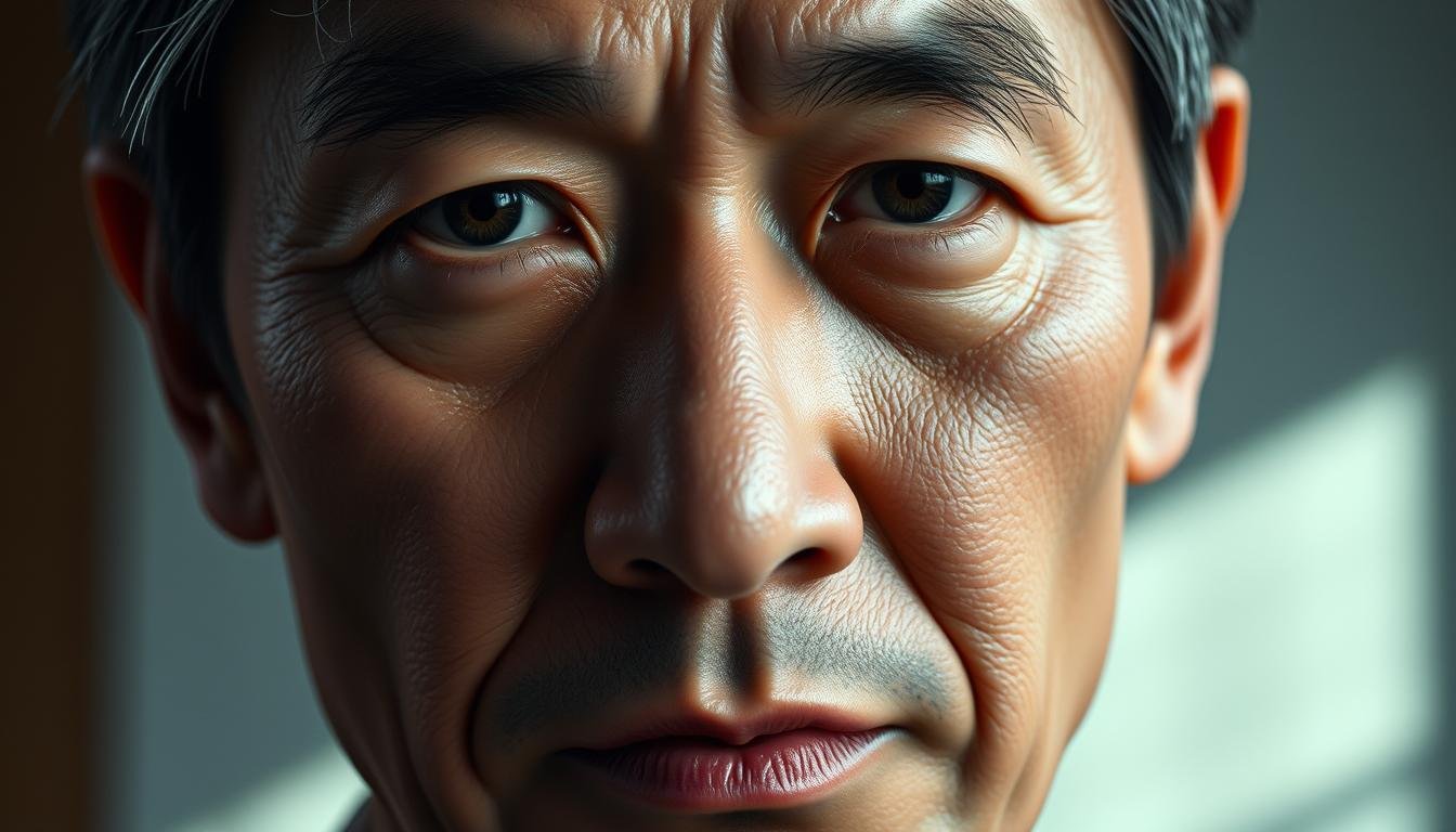 A close-up portrait of a middle-aged Asian man's face, rendered with a high level of detail and realism. The man has a thoughtful, introspective expression, with a piercing gaze and well-defined facial features that suggest wisdom and experience. The lighting is soft and directional, casting subtle shadows that accentuate the contours of the face, including the strong brow, prominent nose, and defined jawline. The background is blurred, placing the focus entirely on the subject's face and allowing the viewer to concentrate on the nuances of his physiognomy. The overall mood is one of contemplation and understanding, hinting at the depth of insight that can be gleaned from studying the human face.