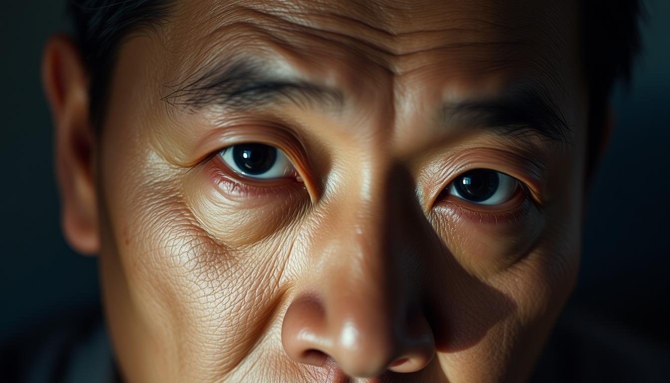 A close-up portrait of a middle-aged Chinese man's face, with a prominent birthmark or mole on the white of his eye. The lighting is soft and diffused, creating an atmospheric, contemplative mood. The man's gaze is direct and intense, conveying a sense of introspection and thoughtfulness. The background is blurred, keeping the focus on the subject's face and the striking feature of the eye birthmark. The overall composition and lighting evoke a sense of character, depth, and hidden meanings associated with this physical trait.