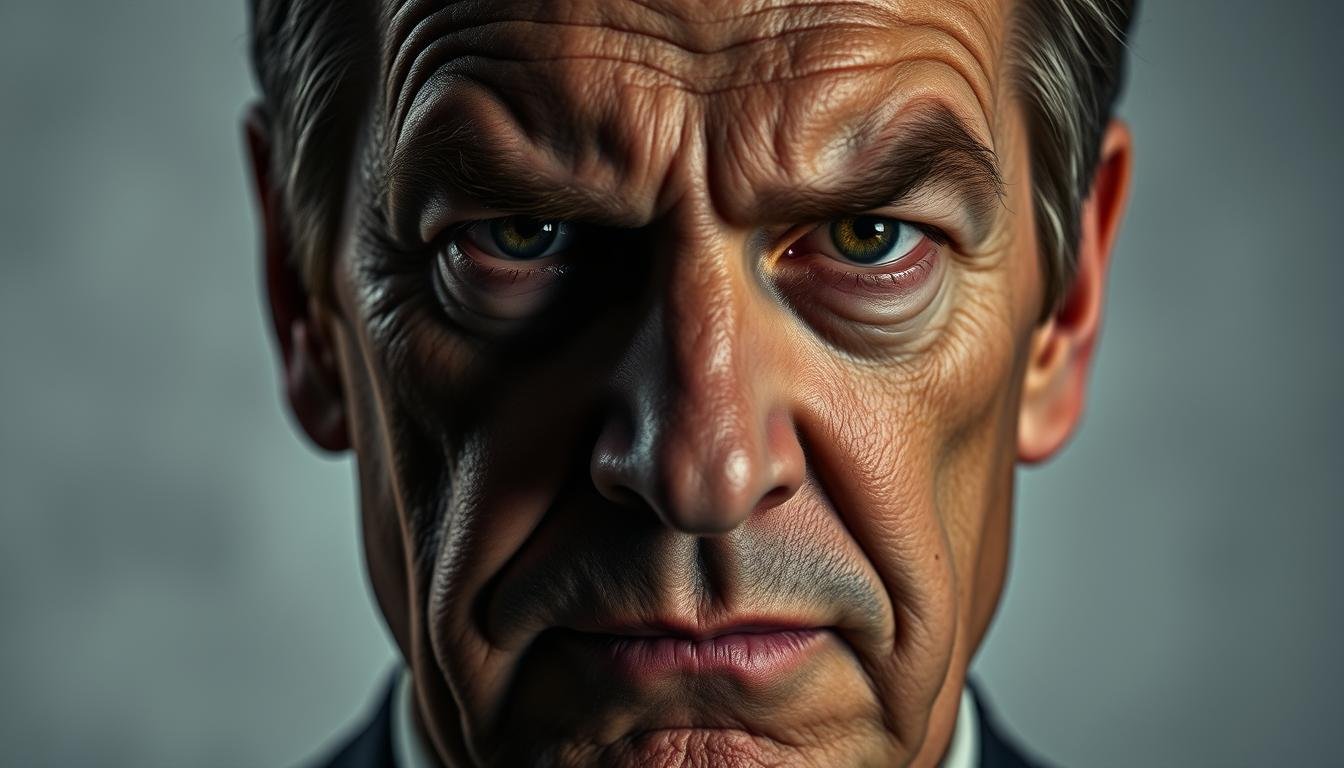 A close-up portrait of a middle-aged man with striking facial features, conveying an air of self-absorption and disregard for others. His brow is furrowed, his lips pursed, and his gaze is steely and distant. The lighting is dramatic, creating harsh shadows that accentuate the harsh angles of his face. The background is blurred, with a muted color palette that allows the subject's face to take center stage. The overall mood is one of a cautionary tale, warning the viewer of the potential consequences of an overly self-centered nature.