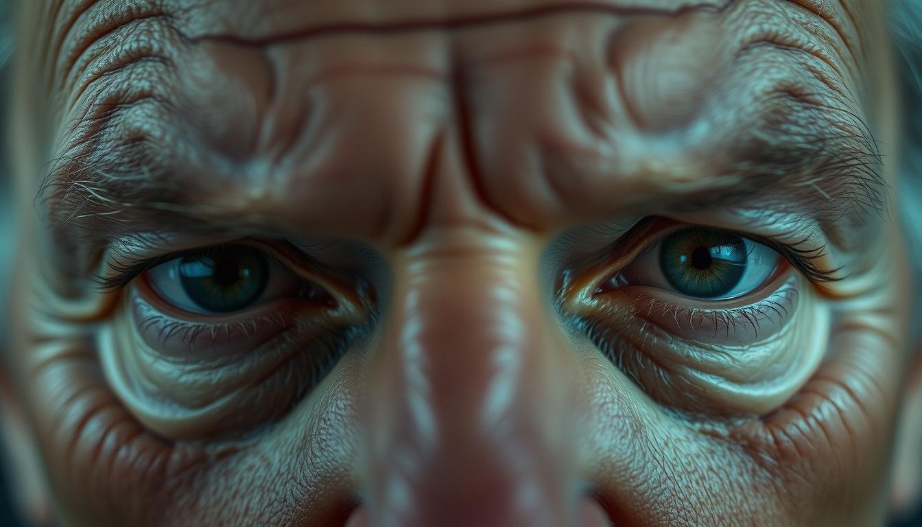 A close-up portrait of a middle-aged person's eyes, capturing the subtle nuances of their eye shape, color, and positioning. The eyes should convey a pensive, introspective mood, reflecting the passage of time and the inner workings of the subject's psyche. The lighting should be soft and diffuse, creating a sense of depth and dimension, with highlights accentuating the contours of the eye region. The background should be blurred and out of focus, allowing the viewer's attention to remain firmly on the captivating eyes. The overall atmosphere should be one of contemplation and self-discovery, alluding to the deeper meanings behind the physiognomical features.