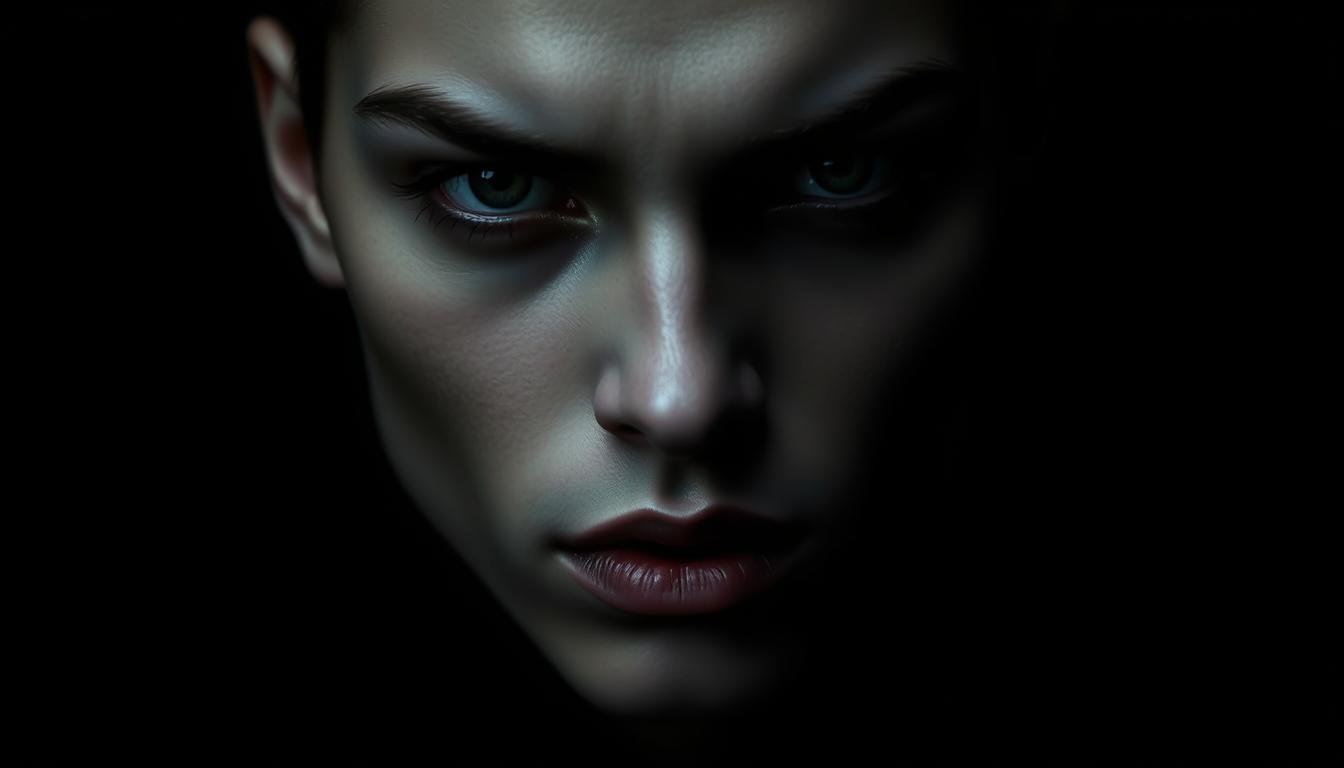 A close-up portrait of a mysterious, androgynous individual with a striking facial structure. The subject's features are highlighted by dramatic low-key lighting, casting deep shadows across their angular cheekbones and prominent brow ridge. Their eyes are hooded and enigmatic, the gaze intense and unflinching. The lips are full, with a slight downward curve that suggests an air of melancholy. Fine, wispy hairs on the upper lip add a touch of masculine elegance. The background is shrouded in darkness, keeping the focus solely on the haunting visage. The overall mood is pensive, introspective, hinting at the hidden depths and complexities of the subject's nature and destiny.