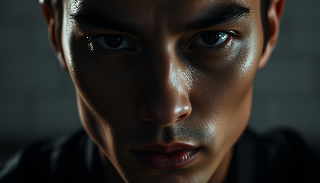A close-up portrait of a person with a sharp, pointed chin and high, prominent cheekbones, conveying an intense, penetrating gaze. The lighting is dramatic, casting deep shadows across the face to accentuate the chiseled features. The background is slightly blurred, keeping the focus on the subject's captivating facial structure and subtle expression, which hints at a complex, analytical personality. The overall mood is one of keen observation and introspection, reflecting the insightful nature of the "尖嘴猴腮" facial type. A close-up portrait of a person with a sharp, pointed chin and high, prominent cheekbones, conveying an intense, penetrating gaze. The lighting is dramatic, casting deep shadows across the face to accentuate the chiseled features. The background is slightly blurred, keeping the focus on the subject's captivating facial structure and subtle expression, which hints at a complex, analytical personality. The overall mood is one of keen observation and introspection, reflecting the insightful nature of the "尖嘴猴腮" facial type.