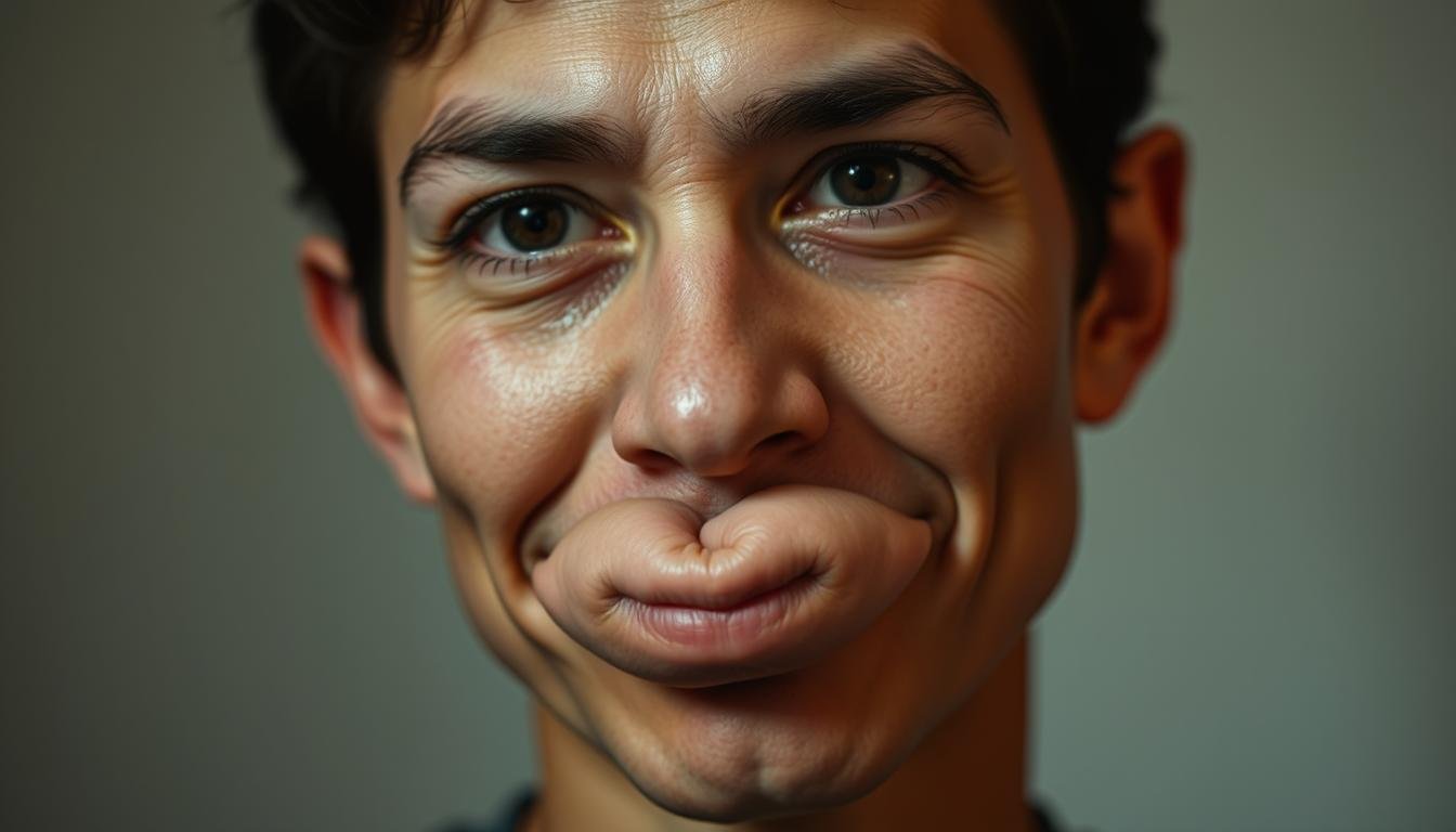 A close-up portrait of a person with a unique facial feature - a distinctly prominent, rounded mouth resembling a "blowpipe" or "bellows." The subject's expression conveys a pensive, thoughtful mood, with a slight, enigmatic smile. The lighting is soft and diffused, creating subtle shadows that accentuate the contours of the face. The background is blurred, keeping the focus on the subject's striking mouth and its potential implications for the person's speaking abilities, personality, and interpersonal dynamics. The overall atmosphere evokes a sense of introspection and the hidden insights that can be gleaned from studying the nuances of human physiognomy.