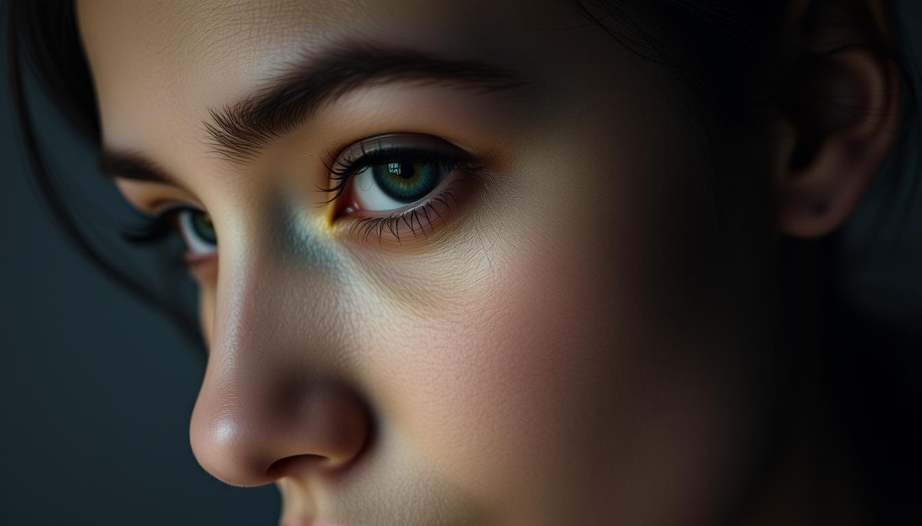 A close-up portrait of a person with delicate, almond-shaped eyes and a single eyelid crease. The subject's gaze is serene and introspective, with a subtle, enigmatic expression. The lighting is soft and diffused, creating gentle shadows that accentuate the facial features. The background is blurred and muted, allowing the viewer's focus to remain on the subject's face. The image conveys a sense of contemplation and a deeper understanding of the subject's unique physiognomy.