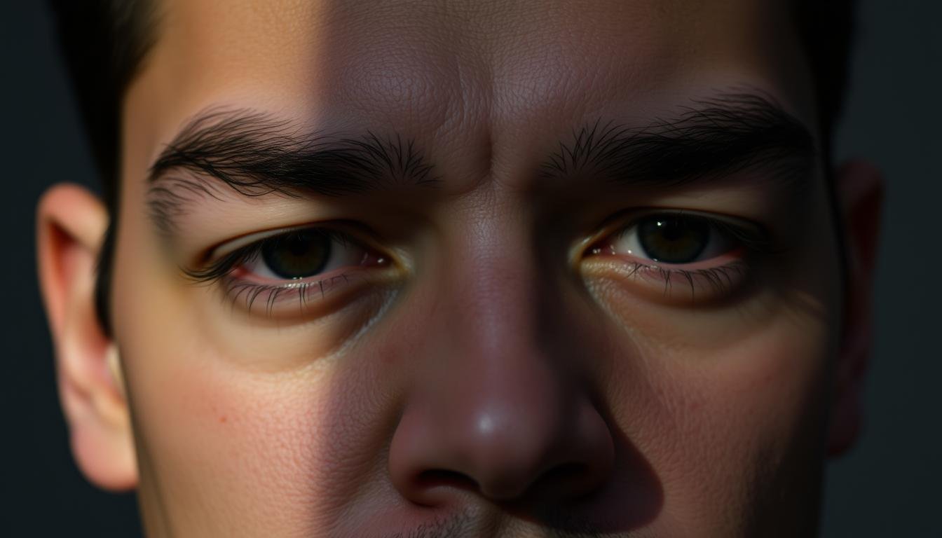 A close-up portrait of a person with prominent eyebrows and a defined brow bone. The eyebrows are sparse and slightly uneven, casting shadows on the face. The lighting is soft and directional, accentuating the facial features. The background is out of focus, keeping the attention on the subject's introspective expression. The overall mood is one of contemplation and seriousness, hinting at the deeper meaning behind the person's facial structure.