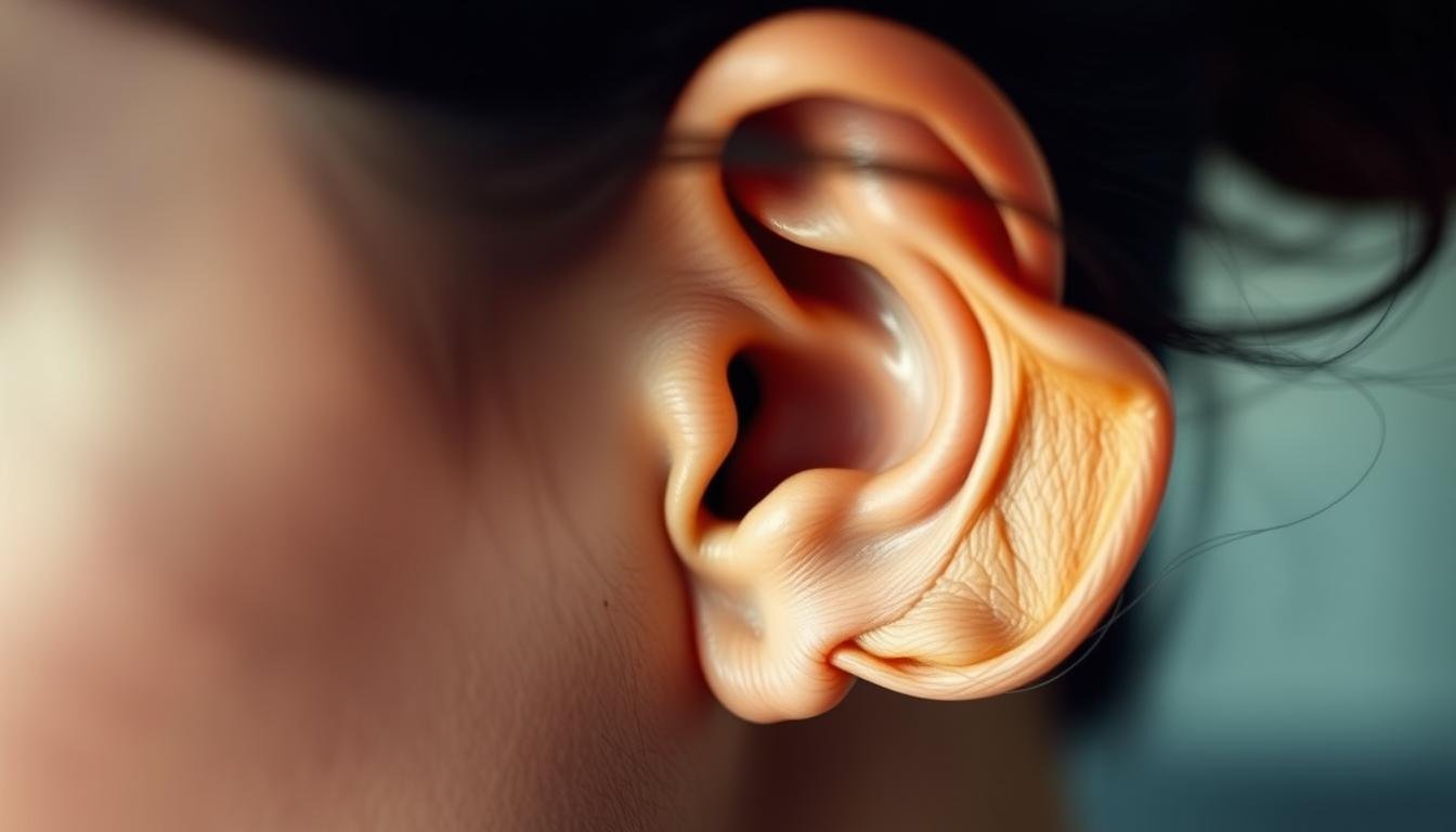 A close-up portrait of a person's ears, showcasing the distinctive "wind-blown" or "flared" shape of their earlobes. The ears are prominently featured, taking up the majority of the frame, with the surrounding skin and facial features providing context. The lighting is soft and flattering, accentuating the intricate textures and contours of the ears. The depth of field is shallow, keeping the ears in sharp focus while subtly blurring the background. The overall mood is contemplative, inviting the viewer to study the unique features of the subject's ears and consider their meaning and significance.