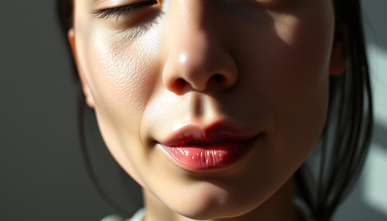 A close-up portrait of a person's face, emphasizing the lips, teeth, and chin. The subject's expression is serene and contemplative, with a slight upward tilt of the chin that conveys confidence and wisdom. The lighting is soft and directional, casting subtle shadows that accentuate the facial features. The background is blurred and minimalist, allowing the viewer to focus on the intricate details of the face. The overall mood is one of thoughtfulness and introspection, inviting the viewer to examine the subject's character and personality through the lens of traditional Chinese physiognomy.