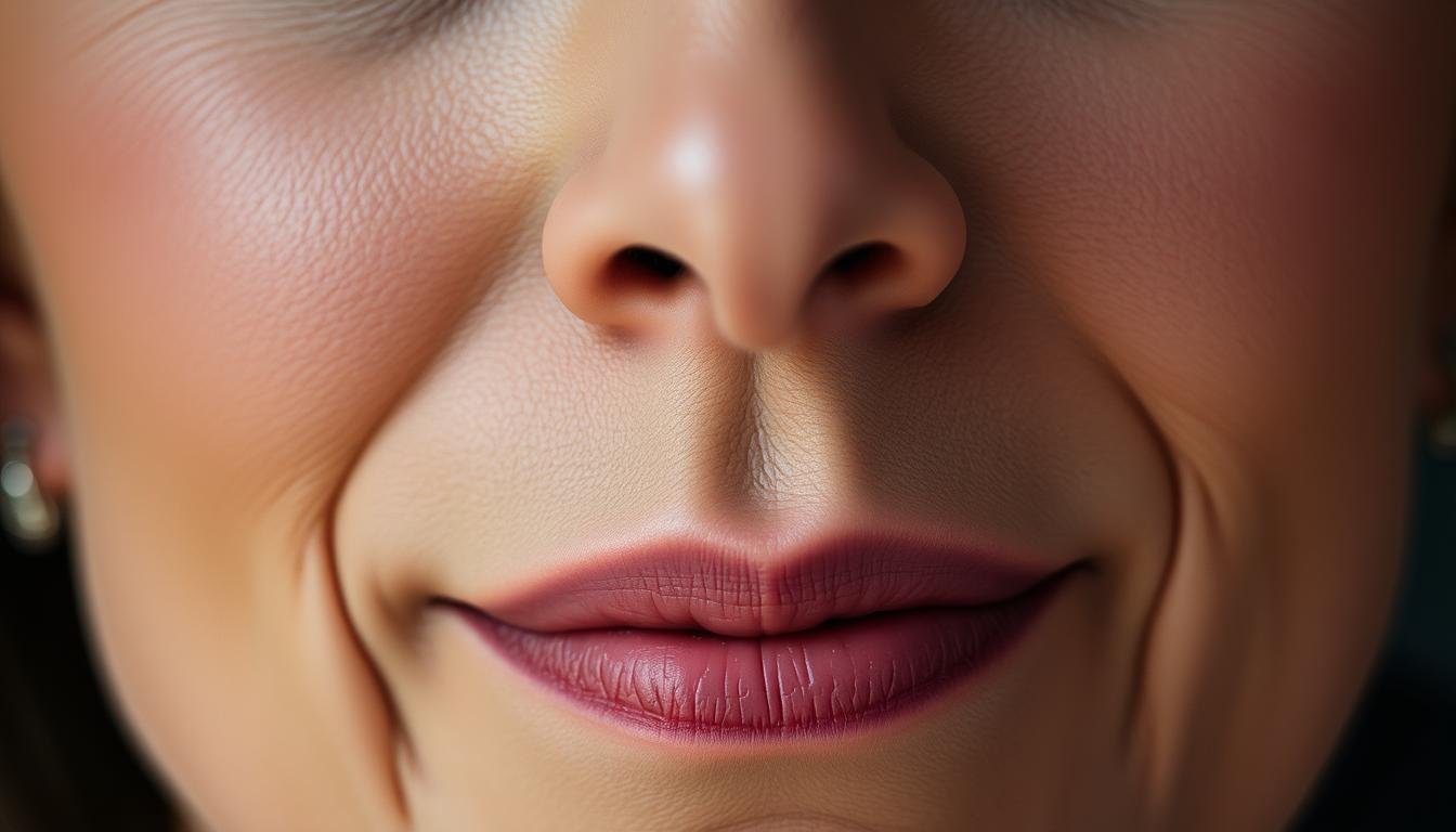 A close-up portrait of a person's face, emphasizing the prominent features of their mouth and cheeks. The lighting is soft and flattering, creating subtle shadows that accentuate the facial contours. The subject's expression is neutral, with a slight upward tilt of the mouth corners, conveying a sense of contentment and positive energy. The depth of field is shallow, keeping the facial details in focus while blurring the background to create a sense of intimacy and introspection. The overall mood is serene and contemplative, inviting the viewer to study the subject's face and ponder the insights it may offer about their character and life experiences.