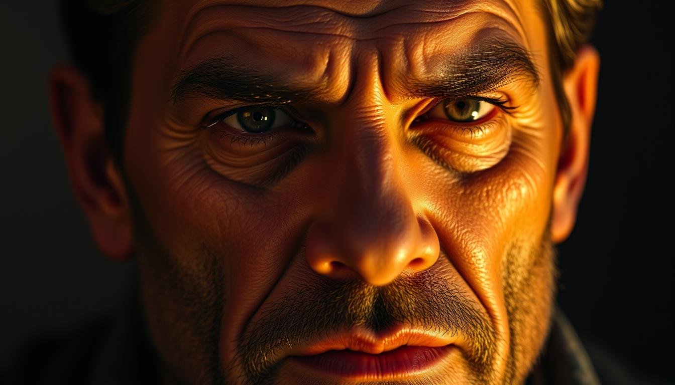 A close-up portrait of a person's face, illuminated by warm, dramatic lighting. Their features are strong and angular, with prominent forehead creases and deep furrows between the eyebrows, signifying an intense, contemplative expression. The skin has a weathered, rugged texture, conveying a life of experience and determination. The person's gaze is fixed and unwavering, projecting a sense of inner fortitude and unyielding resilience. The background is subtly blurred, placing the focus entirely on the subject's penetrating, enigmatic facial features - the hallmarks of a person of great character and unwavering principle.