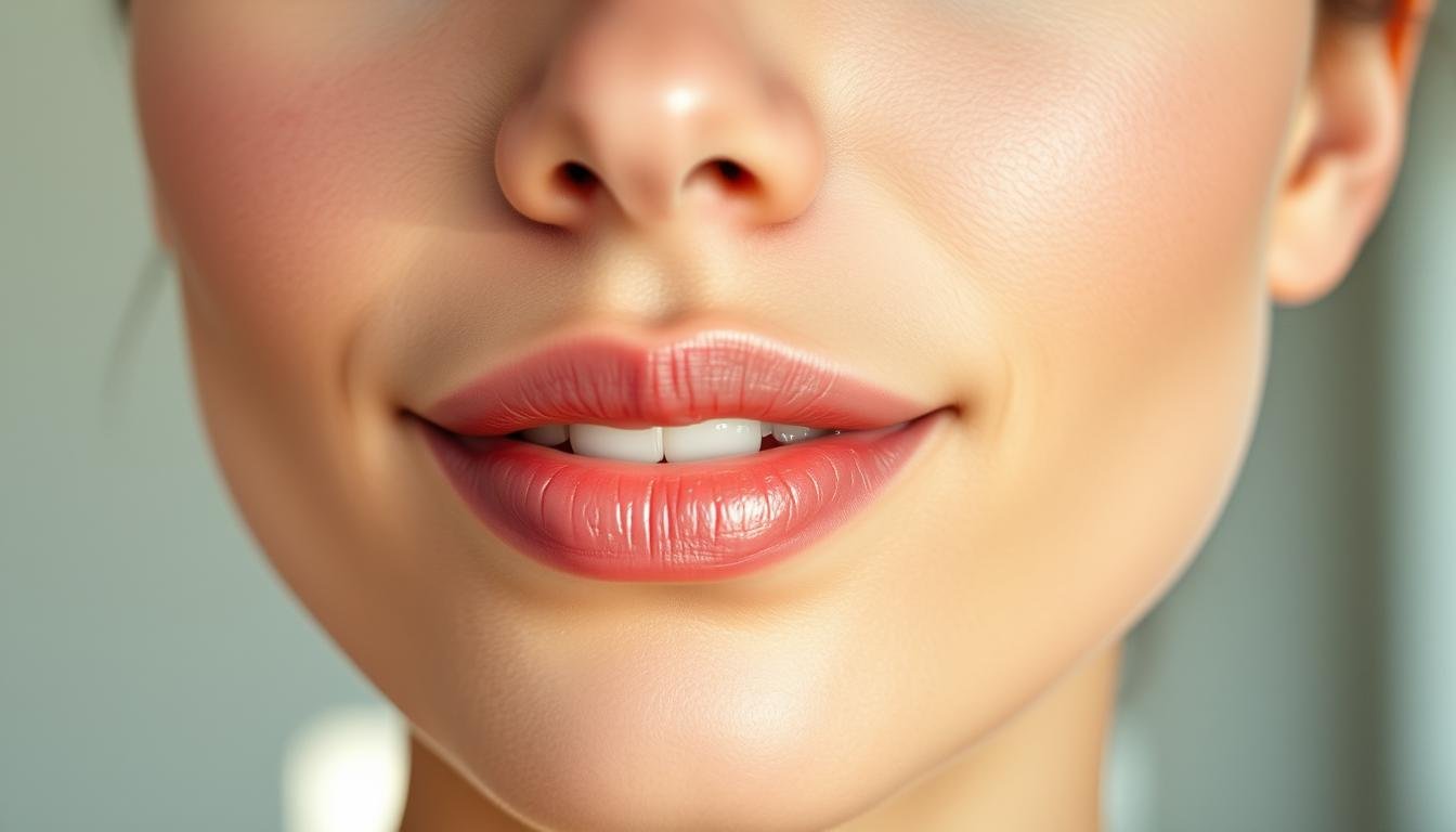 A close-up portrait of a person's face in soft, natural lighting. The focus is on the lips, which appear supple, lightly glossed, and radiating a healthy, vibrant hue. The skin around the mouth is smooth and unblemished, suggesting good hydration and skin elasticity. The nose bridge is well-defined, and the cheekbones gently accentuated. The overall expression conveys a sense of youthfulness, vitality, and inner balance. The background is hazy and out of focus, keeping the attention firmly on the subject's facial features. A close-up portrait of a person's face in soft, natural lighting. The focus is on the lips, which appear supple, lightly glossed, and radiating a healthy, vibrant hue. The skin around the mouth is smooth and unblemished, suggesting good hydration and skin elasticity. The nose bridge is well-defined, and the cheekbones gently accentuated. The overall expression conveys a sense of youthfulness, vitality, and inner balance. The background is hazy and out of focus, keeping the attention firmly on the subject's facial features.