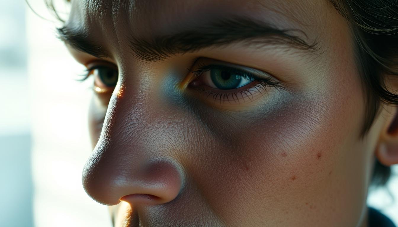 A close-up portrait of a person's face, showcasing the intricate details of their eye distance, moles, and facial lines. The lighting is soft and natural, casting gentle shadows that accentuate the features. The focus is sharp on the eyes, brows, and surrounding areas, allowing the viewer to study the subtle nuances and patterns that reveal insights about the subject's personality and fate. The background is blurred and hazy, keeping the attention on the captivating facial features. The overall mood is contemplative and introspective, inviting the viewer to explore the hidden meanings behind the subject's unique facial characteristics.