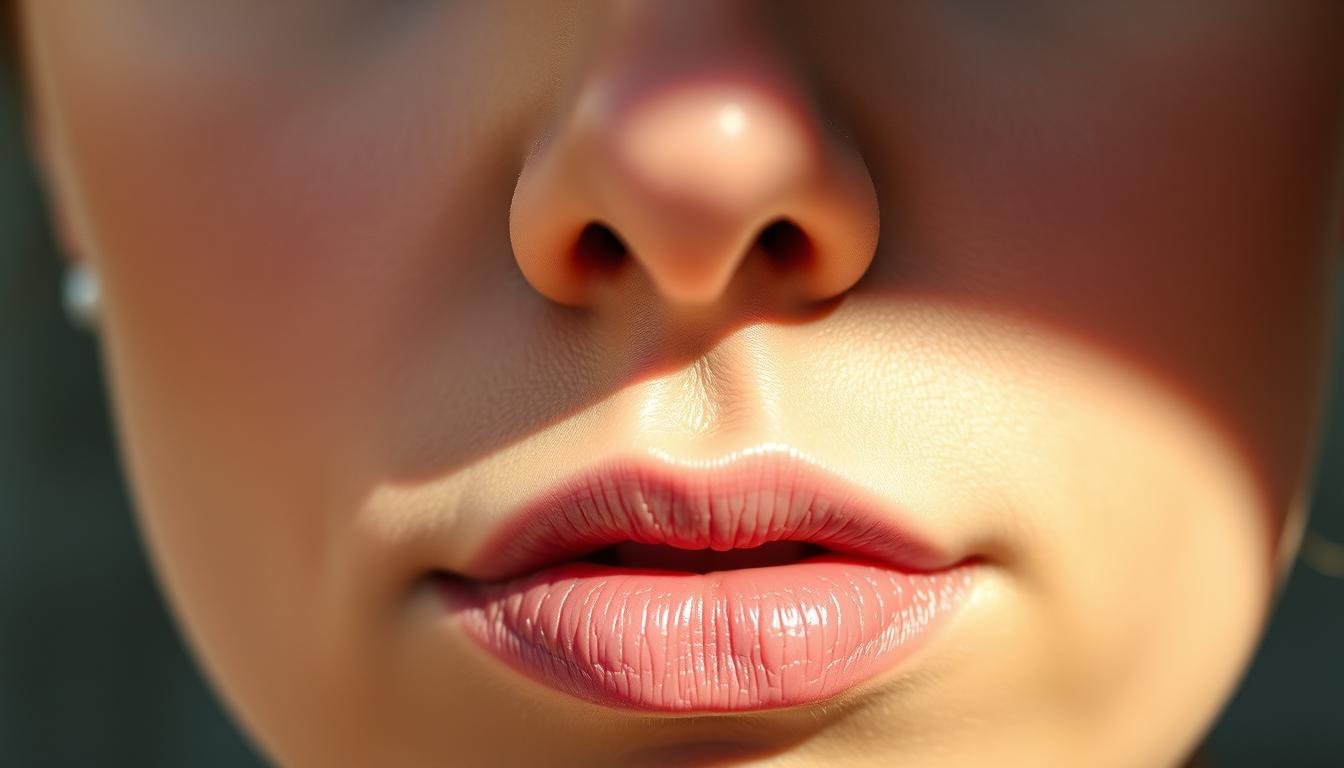 A close-up portrait of a person's face, showcasing the nose and lips. The face is illuminated by soft, natural lighting, creating a warm and inviting atmosphere. The skin has a smooth, even texture, and the features are sharp and well-defined. The nose is prominent, with a distinct shape and character, while the lips are full and expressive. There is a subtle hint of a birthmark or mole near the mouth, suggesting a connection to the subject's fortune and interpersonal relationships. The overall composition emphasizes the importance of these facial features in the art of physiognomy, inviting the viewer to study and interpret the subject's potential for wealth and social standing.