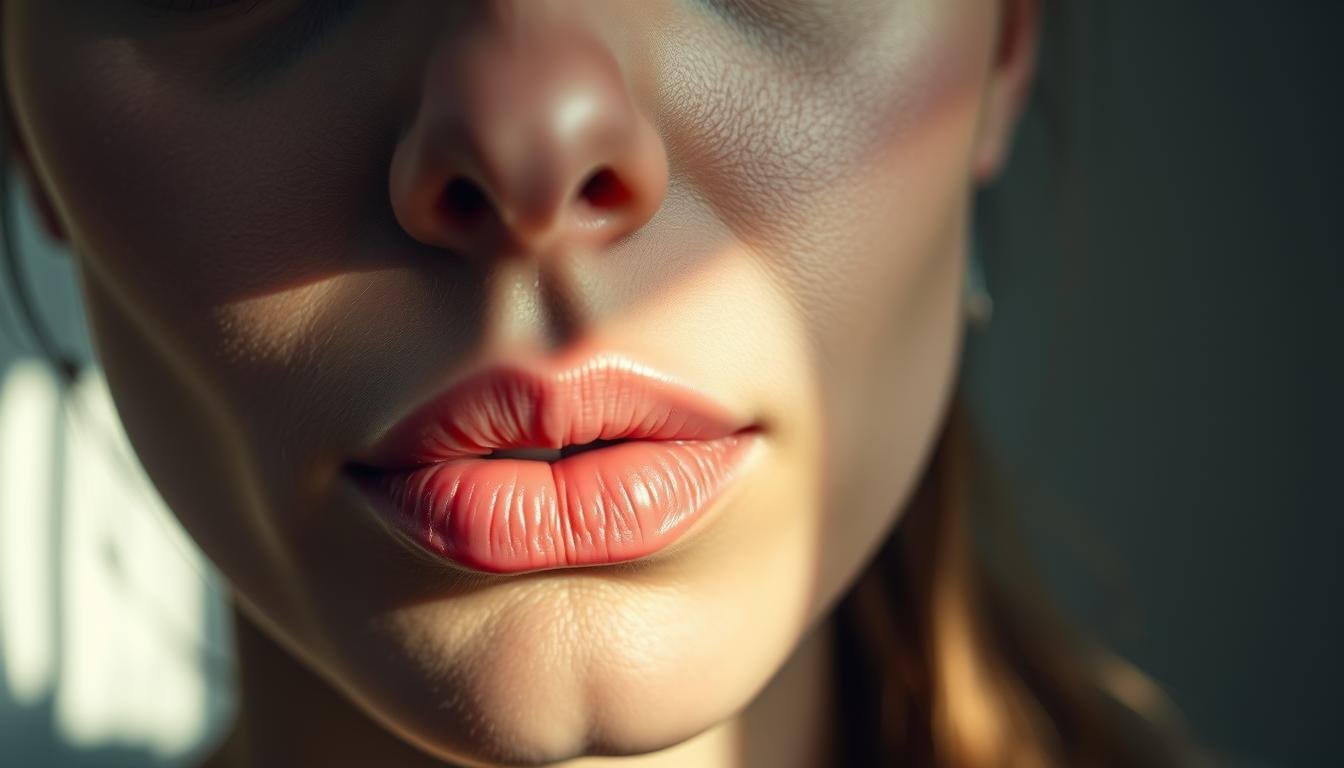 A close-up portrait of a person's face with a distinctive, delicate lip shape against a softly blurred, atmospheric background. Intricate textures and nuanced shades of the lips, subtly enhanced by natural lighting from the side, revealing the unique contours and individual features. The expression is pensive, inviting the viewer to closely observe and interpret the hidden meanings behind this particular lip shape within the realm of physiognomy. The overall mood is contemplative, highlighting the subject's unique facial characteristics as a gateway to understanding the deeper complexities of face reading.