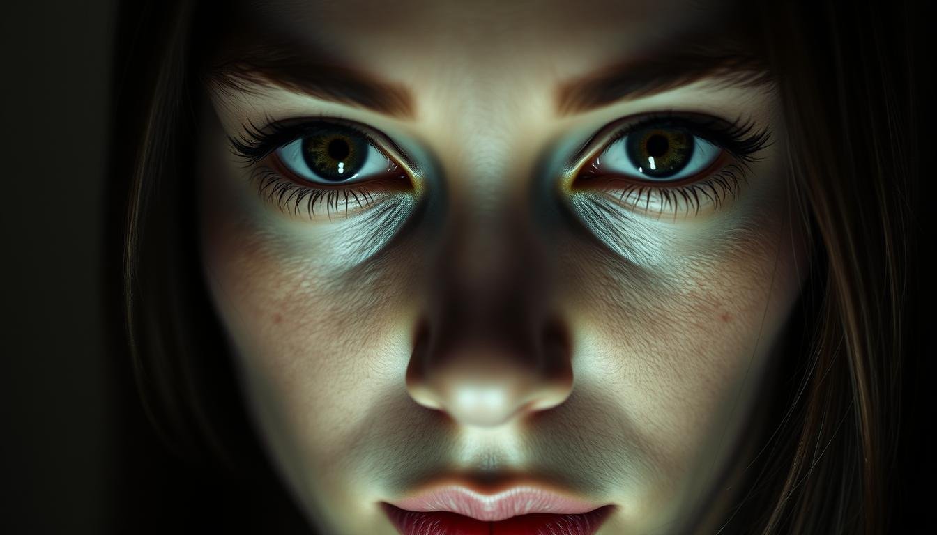 A close-up portrait of a person's face, with a focus on their eyes. The eyes should have a distinctive, almost mystical quality, such as almond-shaped or hooded eyelids, or an intense, penetrating gaze. The lighting should be dramatic, creating shadows and highlights that accentuate the unique features of the eyes. The background should be muted and atmospheric, perhaps with a subtle, swirling pattern or texture that suggests the idea of destiny or the unknown. The overall mood should be one of introspection and the sense that the eyes hold the key to unlocking hidden truths about the subject's character and future.
