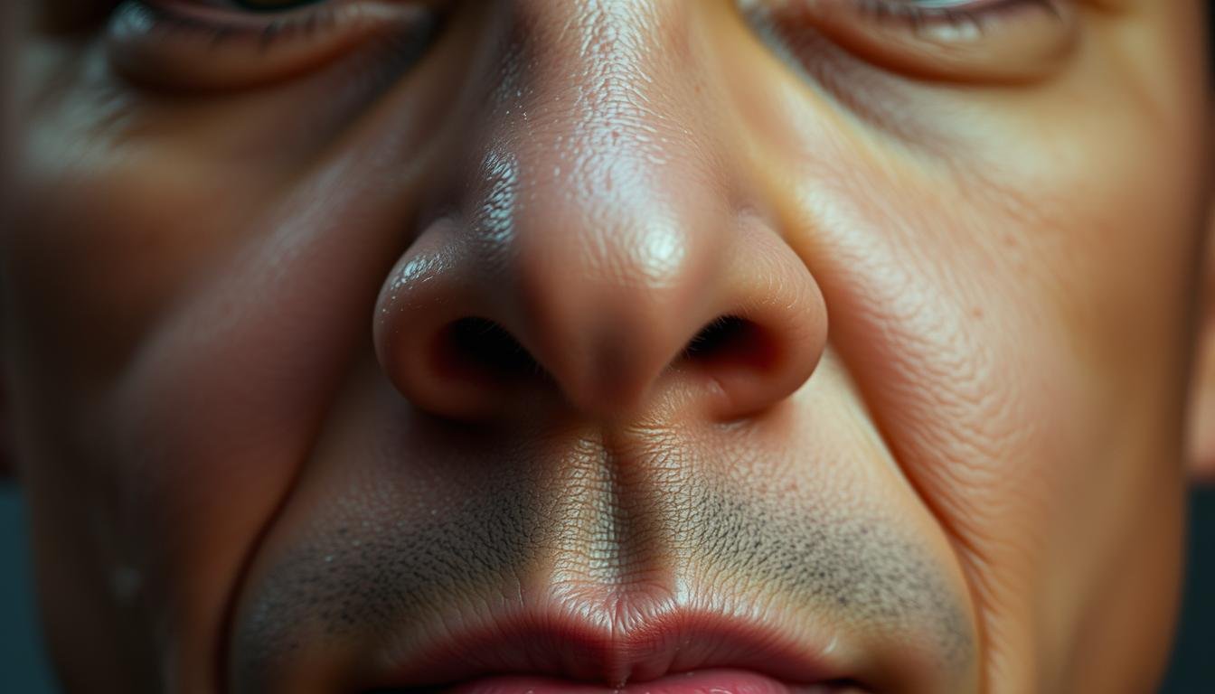 A close-up portrait of a person's face with a prominent, well-defined nasal bridge and thick, fleshy nostrils. The lighting is soft and diffused, creating gentle shadows that accentuate the facial features. The expression is neutral, revealing a sense of strength, stability, and grounded presence. The skin tone is warm and natural, with subtle imperfections adding to the authenticity of the image. The background is slightly blurred, keeping the focus on the intricate details of the nose and its relationship to the overall facial structure. The overall mood is one of contemplation and inner depth, hinting at the deeper meanings and insights that can be drawn from the analysis of this distinctive facial feature.
