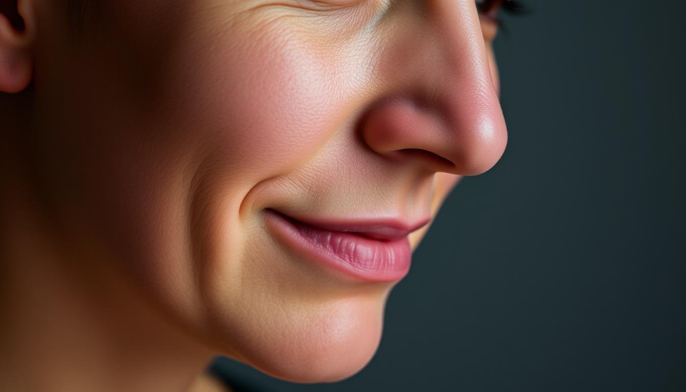 A close-up portrait of a person's face, with a receding chin and a distinct jawline. The lighting is soft and diffuse, creating gentle shadows that accentuate the facial features. The expression is neutral, neither smiling nor frowning, allowing the viewer to focus on the subtle nuances of the facial structure. The background is blurred and muted, keeping the attention on the subject's face. The image conveys a sense of contemplation and introspection, inviting the viewer to study the physiognomic details and interpret their potential implications.
