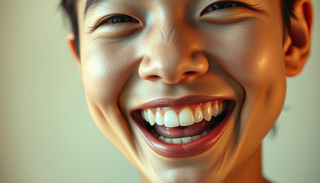 A close-up portrait of a person's face, with a warm, natural lighting that highlights the subtle contours and textures of the skin. The subject is smiling widely, revealing their gums and teeth in a genuine, joyful expression. The focus is on the upper facial features, particularly the eyes and the area around the mouth, capturing the essence of the "笑線原因" phenomenon. The background is softly blurred, creating a sense of depth and emphasis on the facial details. The overall mood is one of positivity, contentment, and a deeper understanding of the underlying factors that contribute to this unique facial expression.