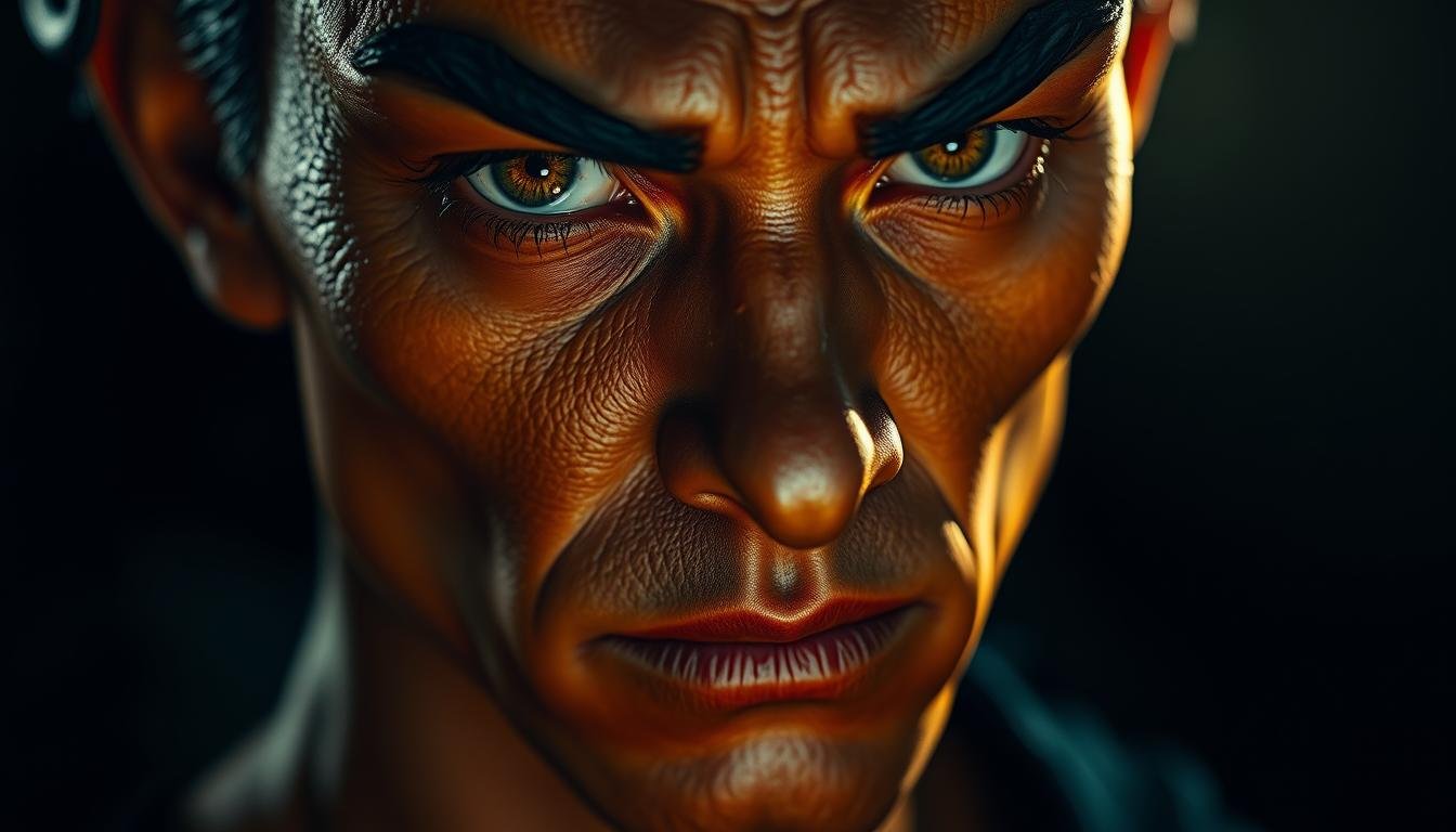 A close-up portrait of a person's face with pronounced dragon-like features, such as prominent brow ridges, high cheekbones, and piercing, almond-shaped eyes. The skin has a warm, luminous quality, with a hint of scales or texture. The expression is intense, almost hypnotic, conveying a sense of inner power and wisdom. The lighting is dramatic, with strong chiaroscuro effects, casting deep shadows and highlights on the face. The background is blurred and out of focus, allowing the subject to be the sole focus of the image. A close-up portrait of a person's face with pronounced dragon-like features, such as prominent brow ridges, high cheekbones, and piercing, almond-shaped eyes. The skin has a warm, luminous quality, with a hint of scales or texture. The expression is intense, almost hypnotic, conveying a sense of inner power and wisdom. The lighting is dramatic, with strong chiaroscuro effects, casting deep shadows and highlights on the face. The background is blurred and out of focus, allowing the subject to be the sole focus of the image.