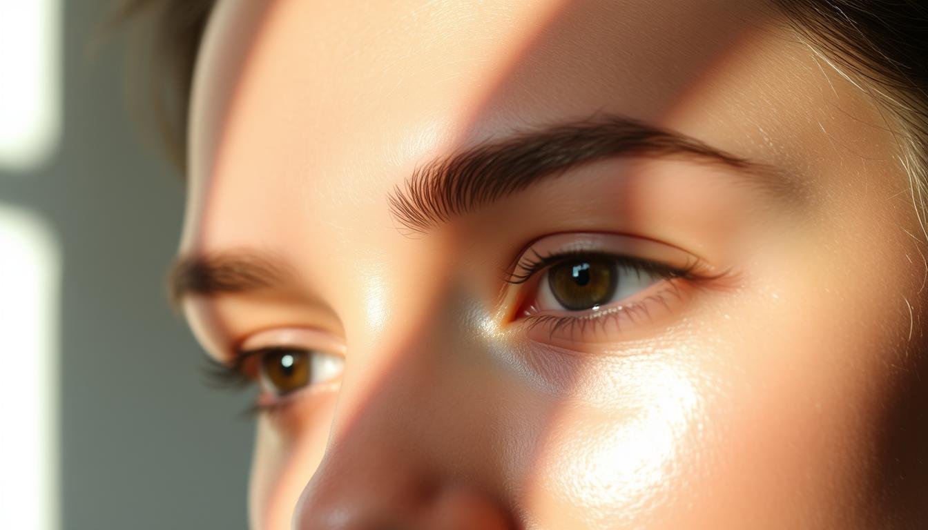 A close-up portrait of a person's forehead and eyebrows, illuminated by soft, diffused natural light from the side. The skin tone is healthy and glowing, with a slight sheen. The eyebrows are well-groomed, arched, and expressive, conveying a sense of thoughtfulness and attentiveness. The focus is on the area between the eyebrows, which appears smooth and unblemished, radiating a sense of balance and inner peace. The background is blurred, placing the emphasis on the subject's facial features. The overall mood is serene, calming, and introspective, inviting the viewer to contemplate the connection between physical appearance and overall well-being.