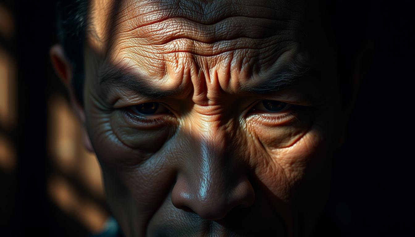 A close-up portrait of a person's forehead, capturing the intricate pattern of the "Tianzhu" or "Heaven's Pillar" wrinkles. The subject's expression is serious, conveying a sense of strength and determination. The lighting is dramatic, casting shadows that accentuate the depth and texture of the wrinkles. The background is blurred, allowing the focus to remain on the captivating facial features. The overall atmosphere evokes a sense of deep contemplation and the power of physiognomy, the ancient art of face reading. The image aims to illustrate the connection between the "Heaven's Pillar" wrinkle pattern and the individual's strong-willed, resolute personality.