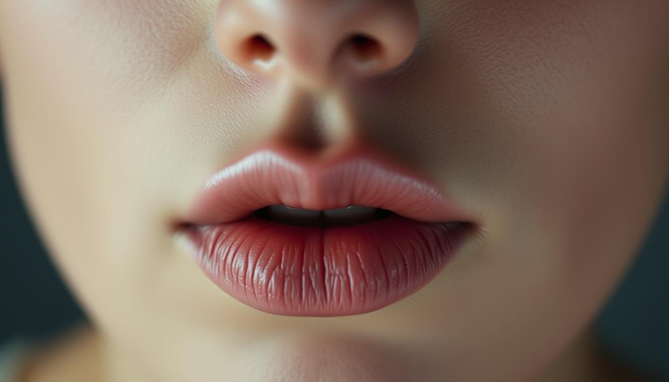 A close-up portrait of a person's lips, showcasing their fullness and texture. The lighting is soft and diffused, accentuating the natural contours and shadows of the lips. The background is blurred, keeping the focus on the subject's mouth. The expression is neutral, conveying a sense of introspection or contemplation. The image evokes a sense of mystery and intrigue, hinting at the potential deeper meaning behind the physical characteristics of the lips and their connection to one's destiny or fate.