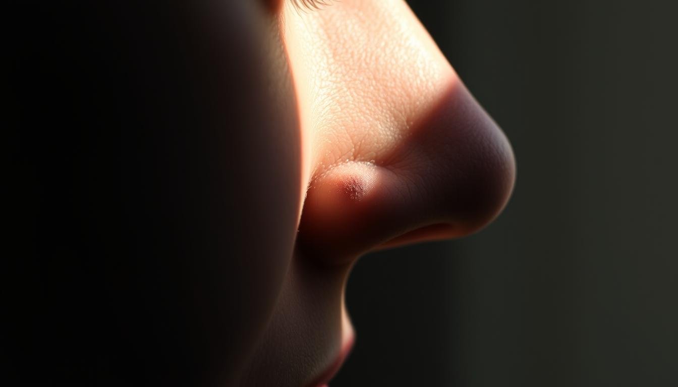 A close-up portrait of a person's nose, highlighting a distinct mole or birthmark on the nose. The subject's face is lit from the side, creating dramatic shadows and highlights that accentuate the facial features. The background is softly blurred, keeping the focus on the nose and its defining mark. The lighting is natural and diffused, creating a serene and contemplative mood. The image captures the essence of physiognomy analysis, where the shape, position, and characteristics of the nose mole are examined for insights into the subject's fortune and destiny.