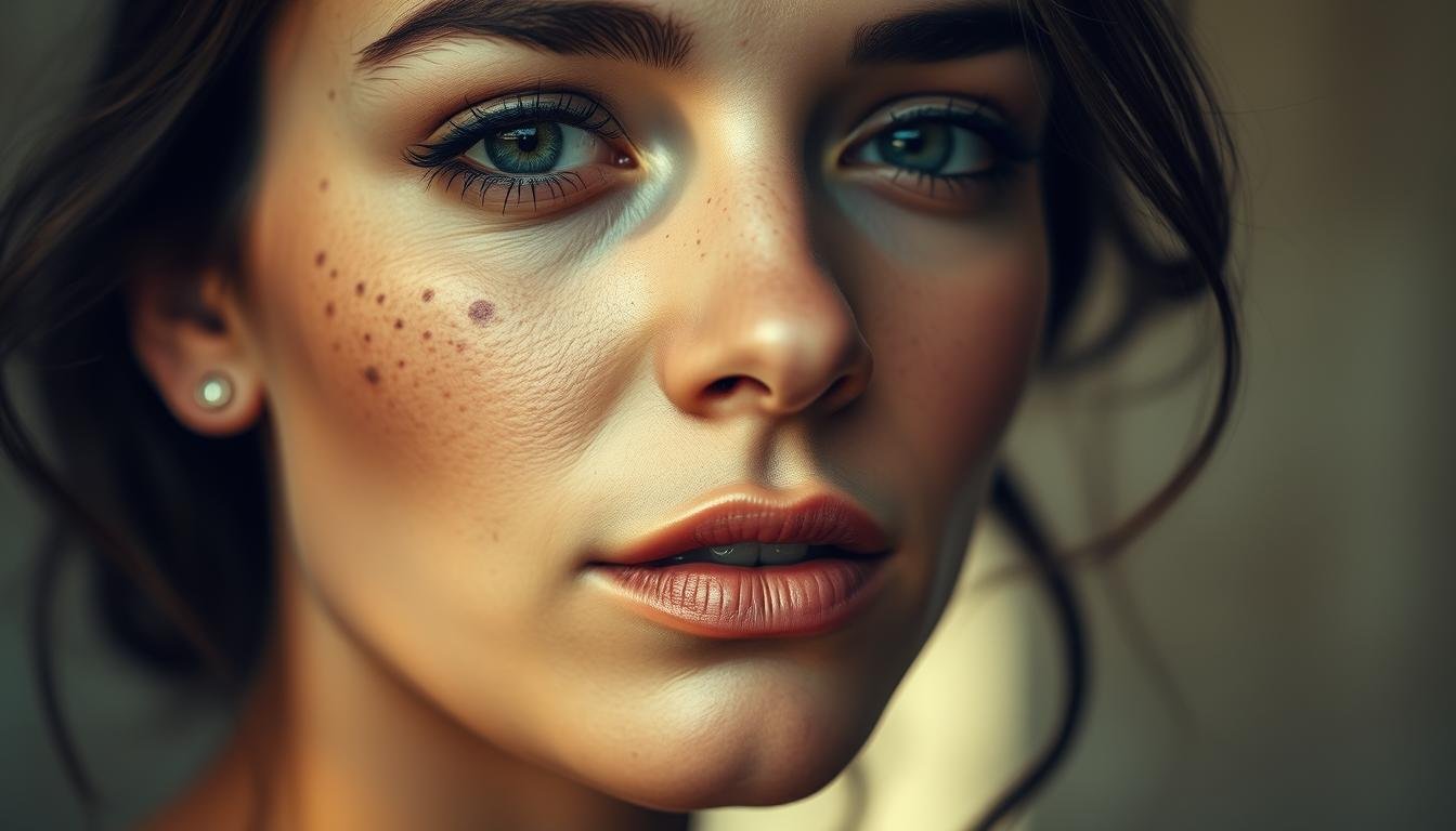 A close-up portrait of a serene and captivating woman's face, showcasing the intricate beauty and hidden meanings of her facial features and moles. The lighting is soft and natural, creating a luminous and ethereal atmosphere. The focus is sharply on the face, with a shallow depth of field that blurs the background, drawing the viewer's attention solely to the subject. The woman's expression is calm and contemplative, as if she is revealing the secrets of her fate and destiny. The composition is balanced and symmetrical, highlighting the symmetry and harmony of her facial structure. The overall mood is one of mystery, introspection, and the unveiling of the hidden wisdom within the face.