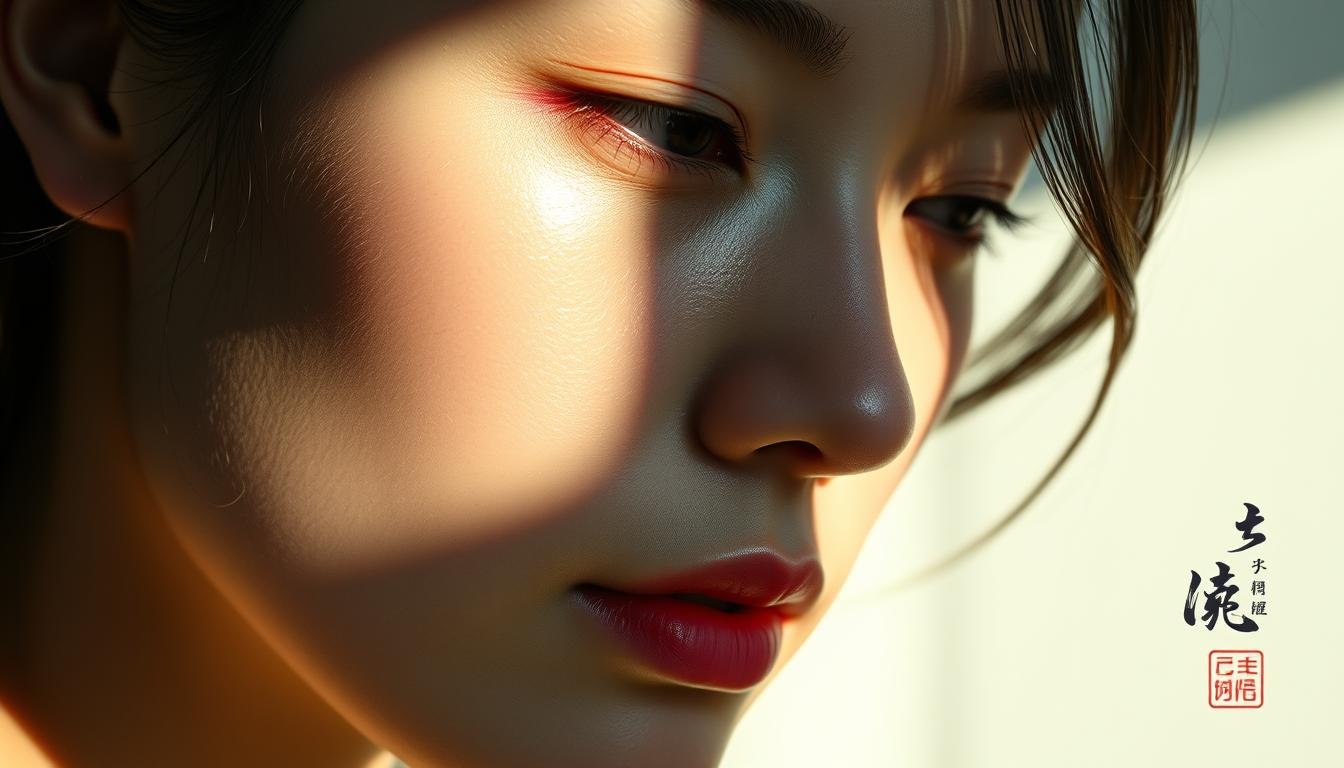 A close-up portrait of a serene, contemplative woman with flawless, luminous skin. Her face is lit from the side, casting dramatic shadows and highlights that accentuate the subtle details of her complexion. The background is softly blurred, keeping the focus on the subject's tranquil, introspective expression. The lighting is natural, creating a calming, atmospheric ambiance. Subtle hints of traditional Chinese motifs, such as delicate brush strokes or elegant calligraphy, add a refined, cultural touch to the composition without distracting from the central figure.