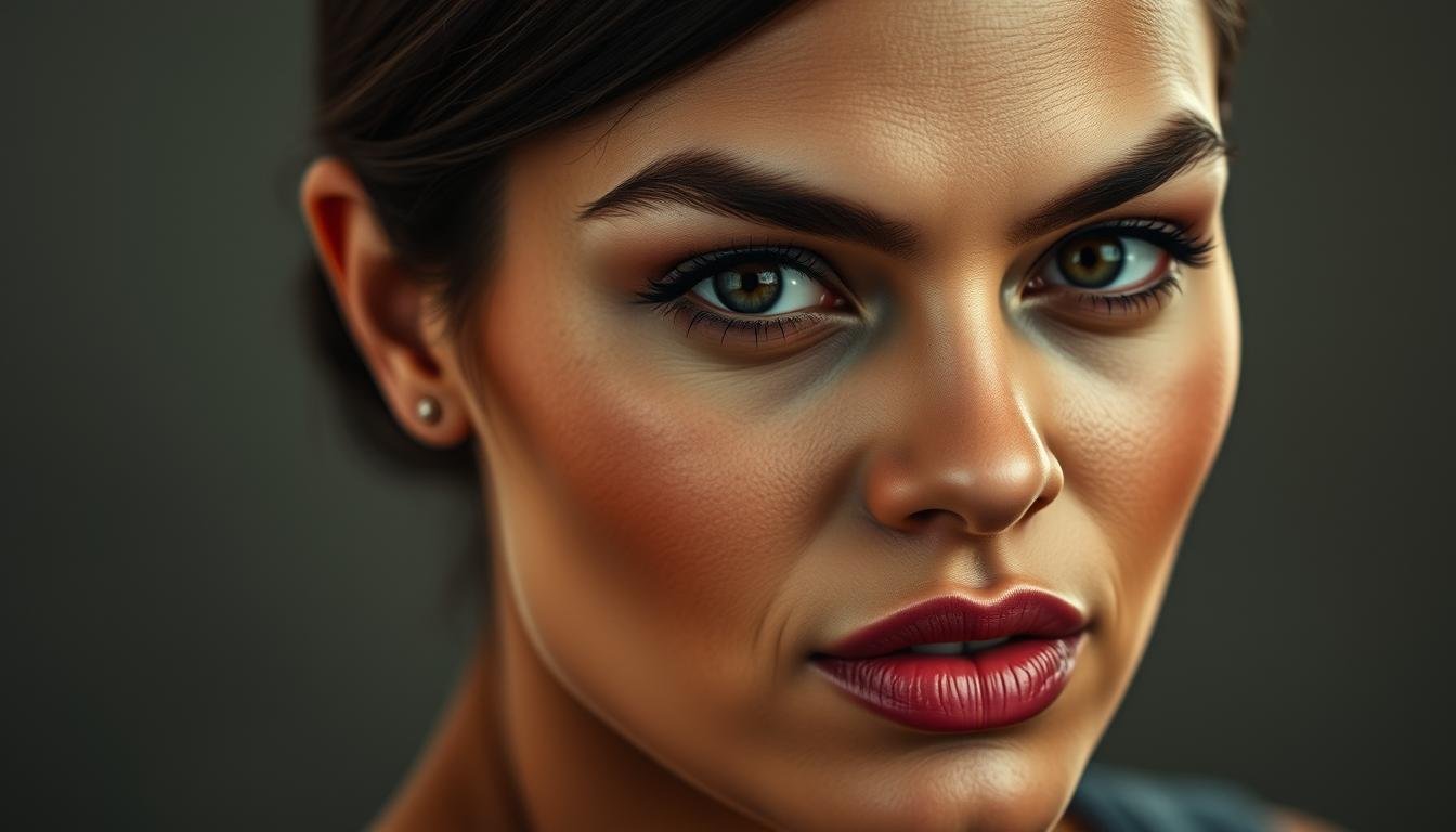 A close-up portrait of a strong, confident woman with striking features, illuminated by soft, diffuse lighting that enhances the contours of her face. Emphasis on her prominent nose bridge, deep-set eyes, and full, slightly pursed lips. The image conveys a sense of quiet power and determination, capturing the essence of the "strong woman" archetype. The background is softly blurred, allowing the viewer to focus solely on the subject's face and its distinctive physiognomy. Realistic textures, subtle details, and natural skin tones create a high-quality, photographic-like appearance.