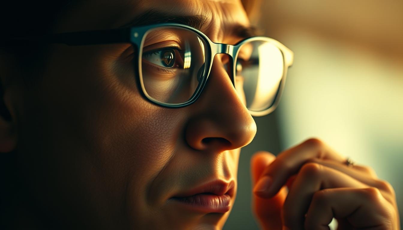 A close-up portrait of a thoughtful, bespectacled individual engaged in deep contemplation, their face illuminated by a warm, diffused light. The subject's features are defined with striking clarity, revealing the contours of their face and the intricate details of their expression. The background is softly blurred, creating a sense of focus and depth, allowing the viewer to be drawn into the subject's introspective gaze. The overall mood is one of quiet introspection and intellectual engagement, hinting at the wisdom and insight that lie within.