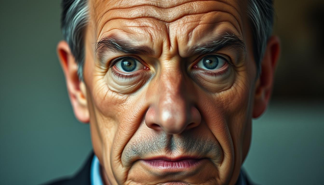 A close-up portrait of a thoughtful, slightly stern-looking middle-aged man with distinctive facial features. His eyebrows are thick and furrowed, his eyes are piercing and discerning, and his lips are thin and pressed together in a pensive expression. The lighting is soft and flattering, casting subtle shadows that accentuate the contours of his face. The background is blurred and muted, keeping the focus solely on the man's striking features and intense gaze, which convey an air of practicality, caution, and a touch of miserliness. The overall mood is one of quiet contemplation and subtle judgment. A close-up portrait of a thoughtful, slightly stern-looking middle-aged man with distinctive facial features. His eyebrows are thick and furrowed, his eyes are piercing and discerning, and his lips are thin and pressed together in a pensive expression. The lighting is soft and flattering, casting subtle shadows that accentuate the contours of his face. The background is blurred and muted, keeping the focus solely on the man's striking features and intense gaze, which convey an air of practicality, caution, and a touch of miserliness. The overall mood is one of quiet contemplation and subtle judgment.