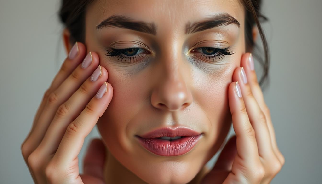 A close-up portrait of a woman performing facial exercises to address downturned mouth corners. The subject's face is illuminated by soft, directional lighting, creating subtle shadows and highlights that accentuate the contours of her features. Her expression is concentrated as she gently stretches and lifts the corners of her mouth, working to reposition the natural downward tilt. The background is blurred, keeping the focus on the detailed facial movements. The overall mood is one of active self-care, with a sense of determined yet gentle refinement.