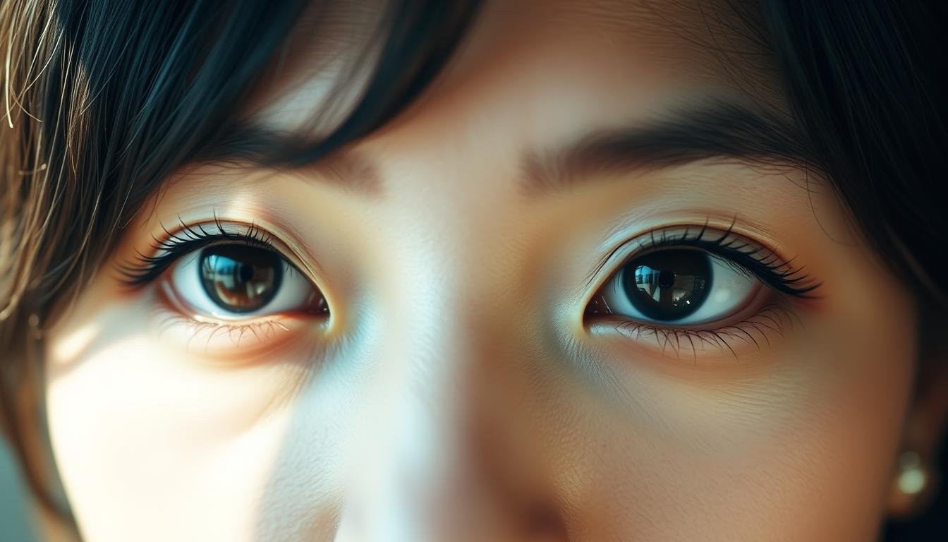 A close-up portrait of a woman's eyes, with the whites of the eyes prominently visible and the irises appearing dark or black. The lighting is soft and flattering, creating subtle shadows and highlights that accentuate the delicate features of the eyes. The image is in sharp focus, with a shallow depth of field that blurs the background, drawing the viewer's attention to the eyes. The expression on the woman's face is pensive, introspective, and conveys a sense of inner depth and emotional resonance. The overall mood is one of mystery and insight, hinting at the hidden meanings and implications of the eyes in traditional Chinese physiognomy.