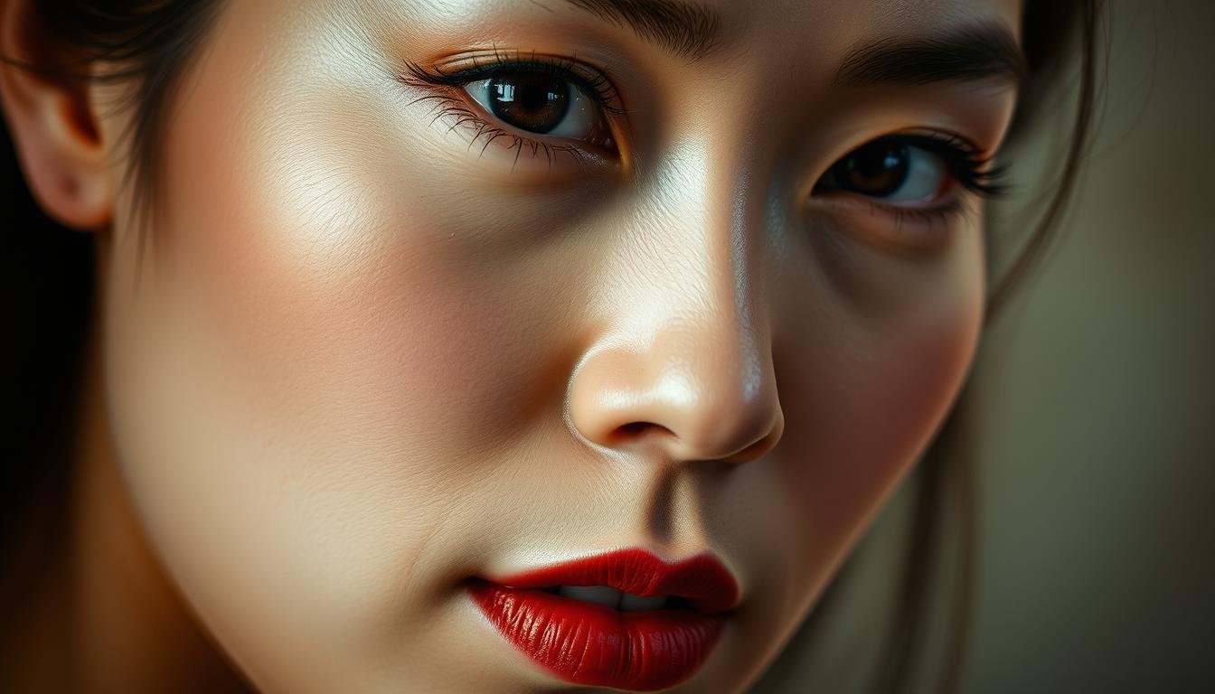 A close-up portrait of a woman's face, capturing the intricate details of her features. The lighting is soft and flattering, emphasizing the delicate contours of her skin and the subtle nuances of her expression. Her eyes are piercing and intense, conveying a sense of wisdom and inner strength. The bridge of her nose is well-defined, and her ears are elegantly shaped. The overall impression is one of refined elegance and a sense of wealth and prosperity. The background is softly blurred, allowing the viewer to focus solely on the captivating details of her face - the hallmarks of a woman with a "rich and auspicious" physiognomy.