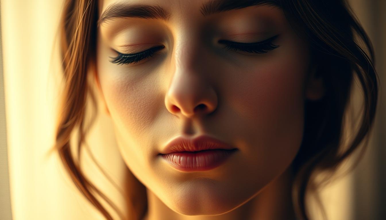 A close-up portrait of a woman's face, her eyes closed in contemplation. The lighting is soft and warm, creating gentle shadows that accentuate the delicate features. Her skin has a luminous, almost ethereal quality, suggesting a deep inner wisdom. The background is blurred, allowing the viewer to focus solely on the subject's tranquil expression. The composition is centered, with the woman's face occupying the majority of the frame, conveying a sense of introspection and self-reflection. Subtle details, such as the contours of her cheekbones and the shape of her brows, add depth and complexity to the portrait.