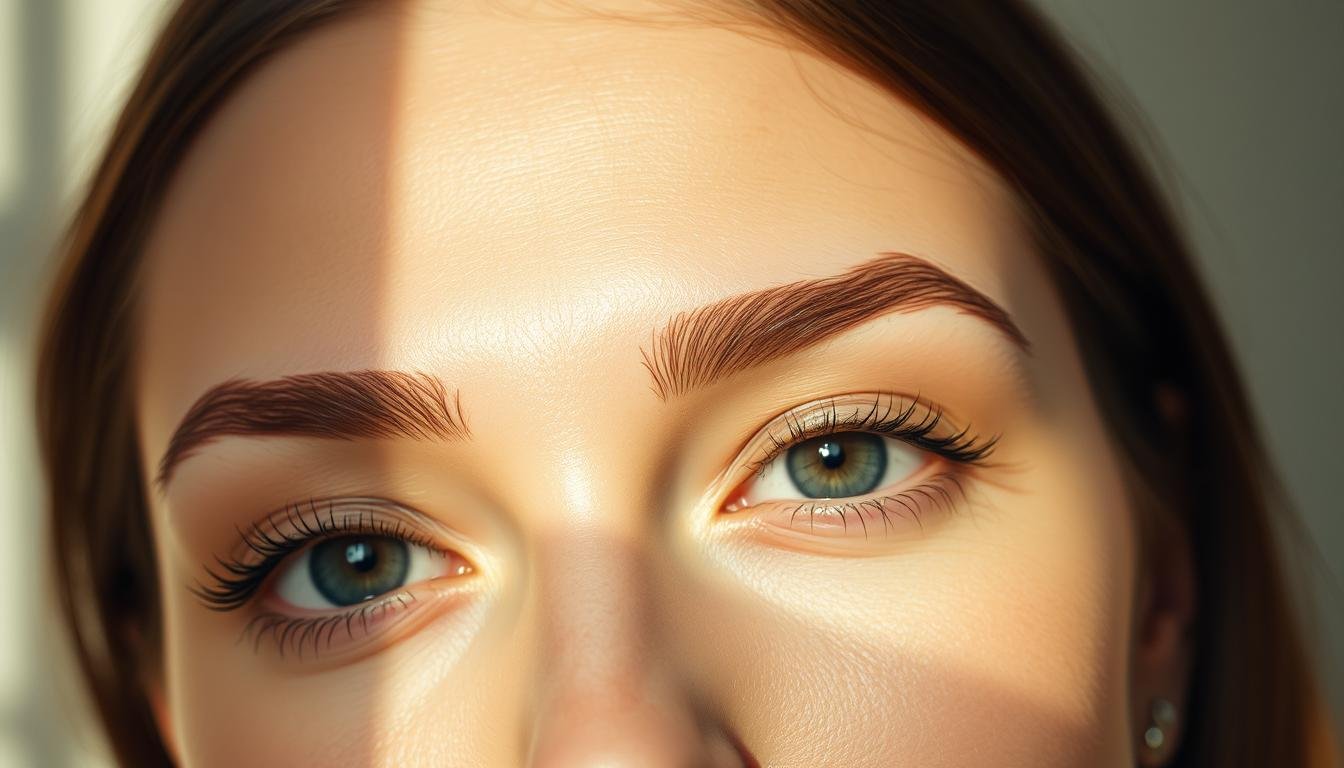 A close-up portrait of a woman's face, highlighting the eyebrows and brow bone. The lighting is soft and warm, creating a natural, almost ethereal quality. The skin is flawless, and the eyes are gentle yet piercing. The eyebrows are the focal point, with the shape, thickness, and direction of growth meticulously captured. The brow bone is prominent, casting subtle shadows that accentuate the facial structure. The image conveys a sense of introspection and self-awareness, inviting the viewer to examine the connection between the eyebrows and the subject's inner character and destiny.