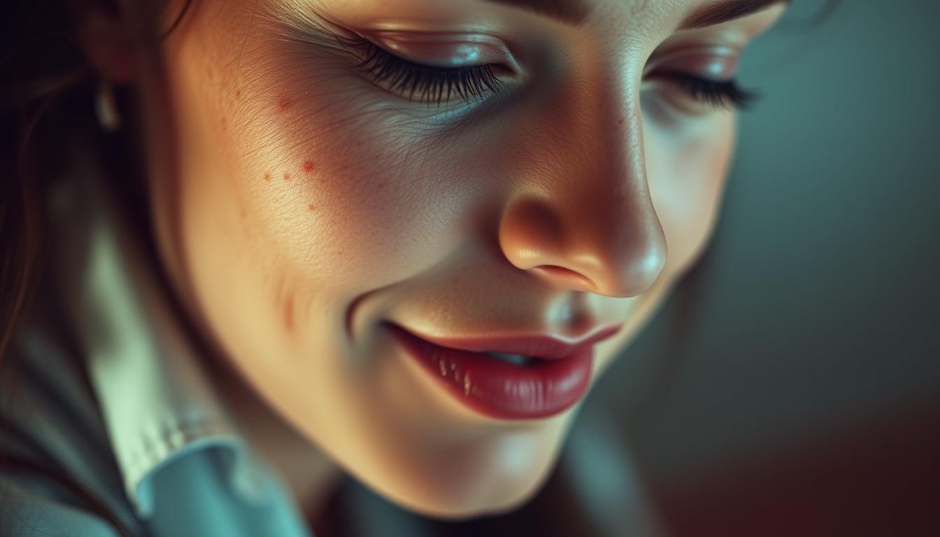 A close-up portrait of a woman's face, showcasing her beauty marks and features. The lighting is soft and flattering, accentuating the natural contours and shadows of her face. Her expression is serene, with a slight smile playing at the corners of her mouth. The focus is on the detailed rendering of her complexion, with the moles and blemishes on her cheeks, chin, and around her lips clearly visible, as if inviting the viewer to study their significance and symbolic meaning. The image has a romantic, introspective mood, hinting at the deeper connections between a woman's facial features and her personal life.
