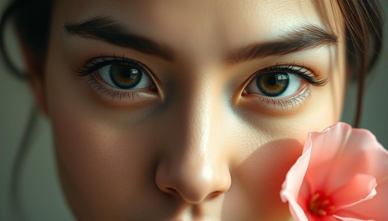 A close-up portrait of a woman's face, with a gentle, pensive expression. Her eyes are large and captivating, with a touch of mysterious allure - the signature "peach blossom eyes" that are the focus of this study. Soft, natural lighting illuminates her features, highlighting the delicate contours of her face and the intriguing depth of her gaze. The background is blurred, keeping the attention firmly on the subject's mesmerizing eyes and the subtle, enigmatic energy they convey. The overall mood is one of introspection and the subtle power of feminine beauty.