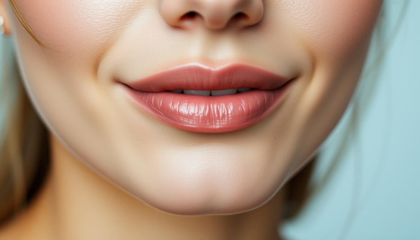 A close-up portrait of a woman's lips, perfectly balanced in thickness and proportion, with a soft, natural glow. The upper and lower lips are evenly contoured, creating a harmonious, symmetrical pout. The lighting is gentle and diffused, highlighting the subtle variations in skin tone and the delicate texture of the lips. The background is softly blurred, placing the focal point squarely on the balanced, expressive mouth. The mood is serene and introspective, conveying a sense of inner balance and poise.