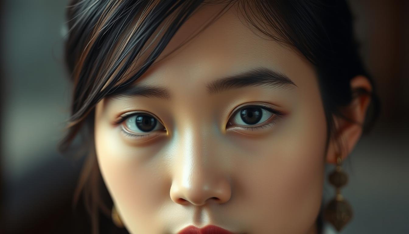 A close-up portrait of a young Asian woman with a striking one-eyebrow hairstyle. The lighting is soft and flattering, accentuating the delicate features of her face. She gazes directly at the camera with a serene, pensive expression, her one-eyebrow hairstyle framing her face in an elegant, distinctive manner. The background is blurred, keeping the focus on the subject's face and hairstyle. The overall mood is contemplative and introspective, inviting the viewer to ponder the deeper meanings and implications of this unique facial feature. A close-up portrait of a young Asian woman with a striking one-eyebrow hairstyle. The lighting is soft and flattering, accentuating the delicate features of her face. She gazes directly at the camera with a serene, pensive expression, her one-eyebrow hairstyle framing her face in an elegant, distinctive manner. The background is blurred, keeping the focus on the subject's face and hairstyle. The overall mood is contemplative and introspective, inviting the viewer to ponder the deeper meanings and implications of this unique facial feature.