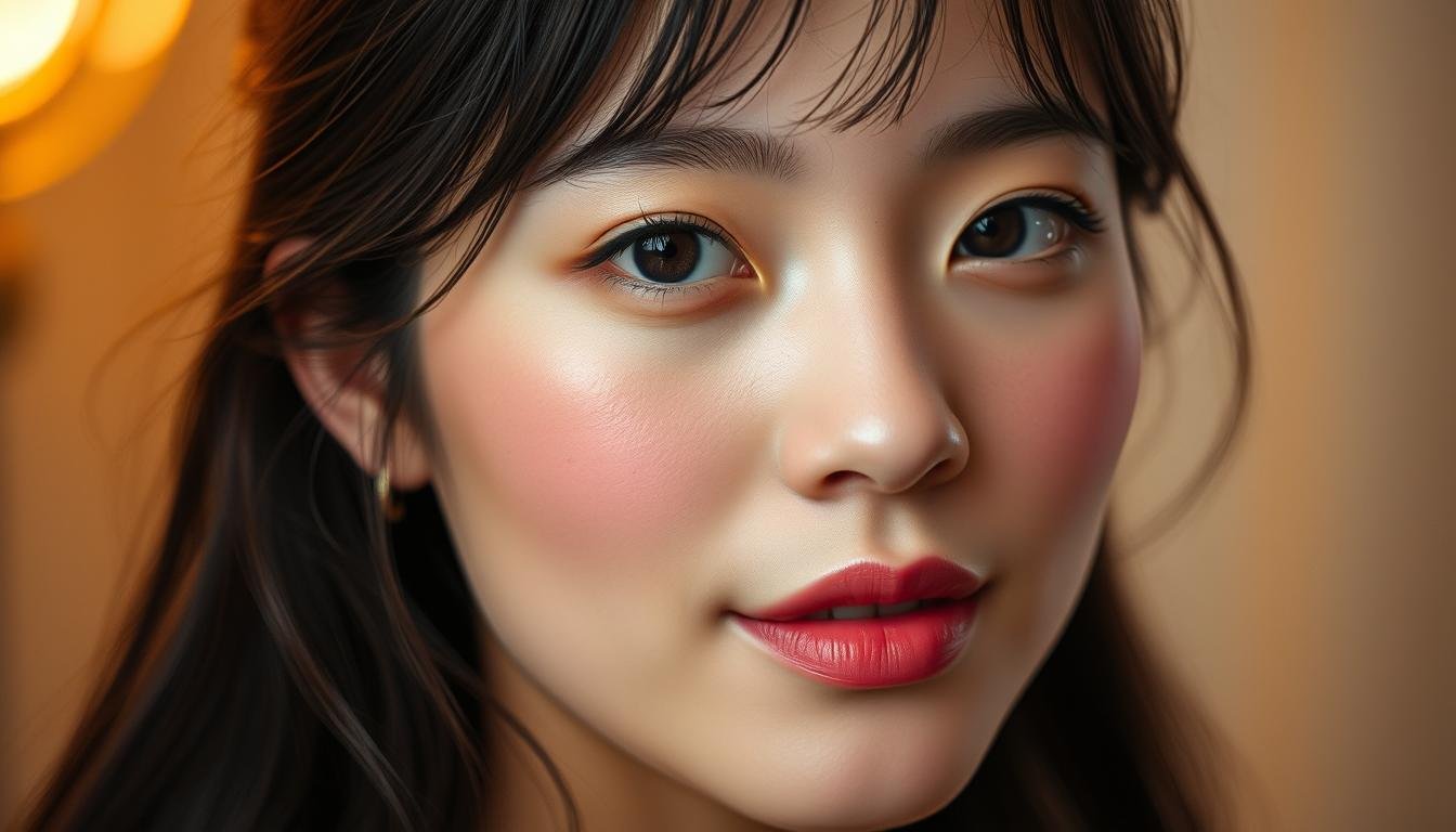 A close-up portrait of a young woman with delicate, glowing skin and soft, rosy cheeks. Her expression is serene and her eyes have a gentle, dreamy quality. The lighting is warm and flattering, with a subtle halo effect around her face. The background is blurred, creating a sense of focus on the subject's features. The image conveys a sense of beauty, femininity, and the notion of a harmonious, auspicious marriage or relationship.