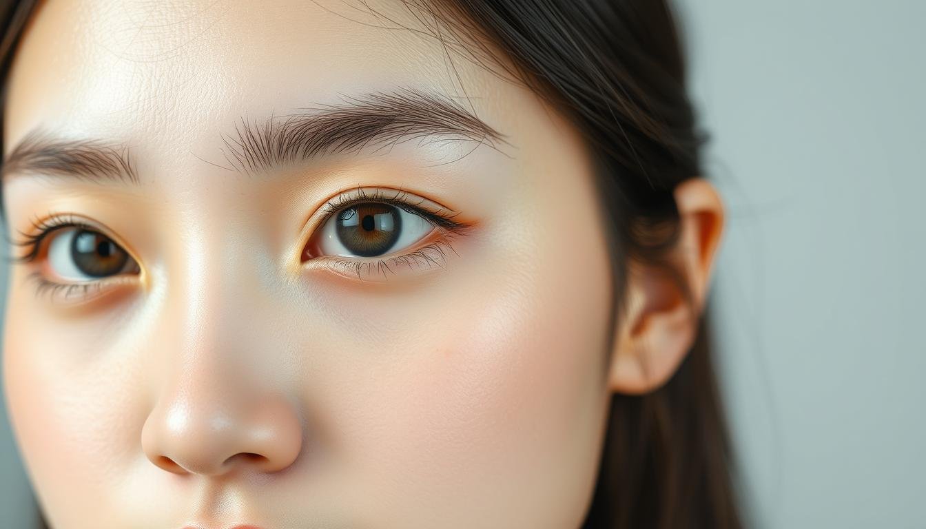 A close-up portrait of a young woman's face, highlighting the distinct features of her eyes. The focus is on the shape, positioning, and relative openness of her eyelids, capturing the four distinct "white eye" types described in the article section. Soft, natural lighting emphasizes the delicate details, while a neutral background allows the face to be the central point of interest. The woman's expression is serene, allowing the viewer to study the subtle nuances of her eye shape and positioning. The overall mood is one of careful observation and analysis, reflecting the intent to illustrate the concept of "白眼辨識" for the article's readers.