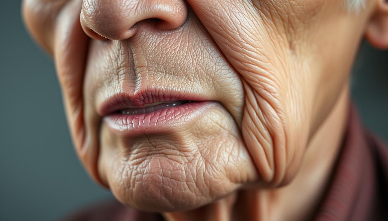 A close-up portrait of an elderly person's chin, highlighting the distinctive features associated with late-life prosperity and longevity in traditional Chinese face reading. The subject's chin should appear well-rounded, prominent, and have a healthy, vibrant complexion. Subtle lighting from the side casts gentle shadows, accentuating the contours and texture of the skin. The depth of field should be shallow, keeping the chin in sharp focus while subtly blurring the background. The overall mood should convey a sense of tranquility, wisdom, and the positive energy associated with auspicious facial features.