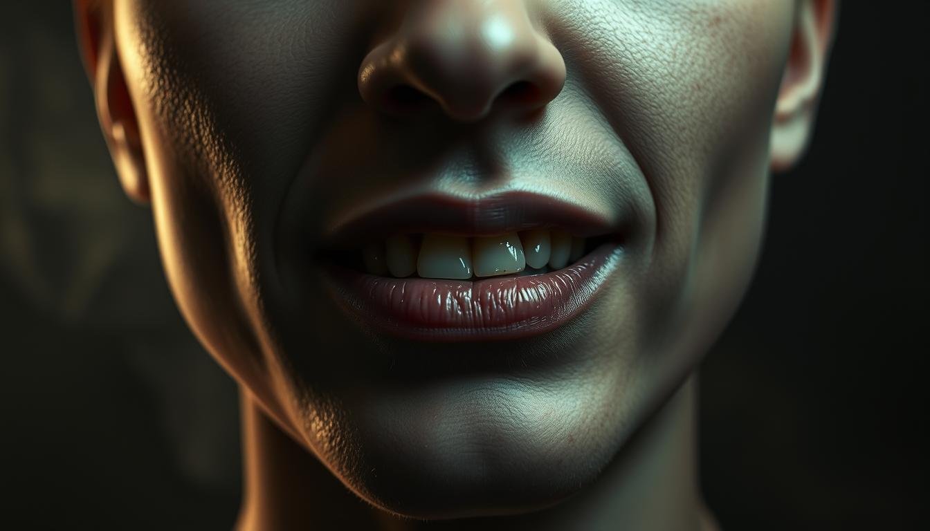 A close-up portrait of an enigmatic individual, their facial features accentuated under soft, dramatic lighting. The subject's teeth are slightly misaligned, with one tooth protruding outwards, creating a distinct and captivating asymmetry. The lips are slightly parted, suggesting a pensive, introspective expression. The background is muted and hazy, drawing the viewer's attention solely to the subject's face and subtle imperfections, which hold the key to unlocking the mysteries of physiognomy. Rendered with a sense of artistic elegance and technical precision, capturing the essence of the "jaded" facial expression. A close-up portrait of an enigmatic individual, their facial features accentuated under soft, dramatic lighting. The subject's teeth are slightly misaligned, with one tooth protruding outwards, creating a distinct and captivating asymmetry. The lips are slightly parted, suggesting a pensive, introspective expression. The background is muted and hazy, drawing the viewer's attention solely to the subject's face and subtle imperfections, which hold the key to unlocking the mysteries of physiognomy. Rendered with a sense of artistic elegance and technical precision, capturing the essence of the "jaded" facial expression.