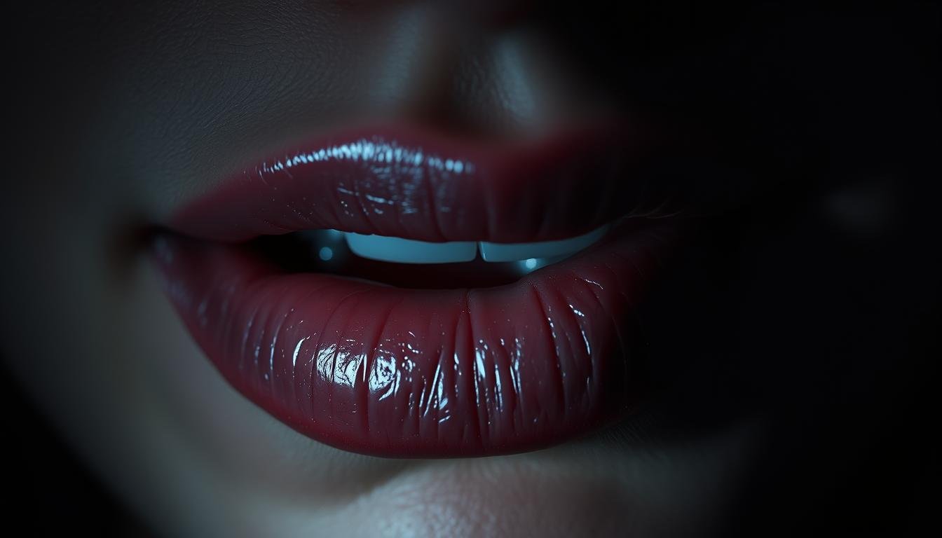 A close-up portrait of two lips, the upper and lower lips distinctly visible, with a dramatic and moody lighting that casts shadows and highlights the unique shapes and contours of each lip. The upper lip is slightly fuller and more defined, exuding a sense of confidence and assertiveness, while the lower lip is thinner and softer, conveying a more gentle and introspective nature. The contrast between the two creates a visual representation of the differences in personality and characteristics often associated with the upper and lower lips. The image is shot with a shallow depth of field, placing the focus on the lips and creating a sense of intimacy and intrigue.