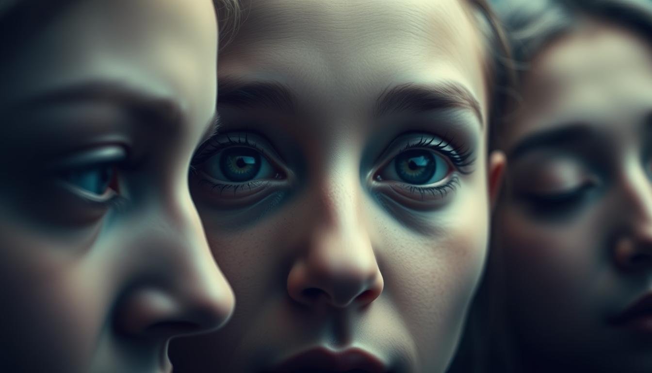 A close-up portrait showcasing the subtle nuances of the eye shapes. In the foreground, a pair of single-lidded eyes with a slight downward tilt, conveying an introspective gaze. Beside them, double-lidded eyes with a delicate crease, radiating an alert, open expression. In the middle ground, wide-open eyes with striking visibility of the sclera, emanating a sense of surprise. In the background, half-closed eyes with a tranquil, drowsy quality, hinting at a moment of quiet contemplation. Soft, diffused lighting illuminates the faces, lending a serene, ethereal atmosphere. Captured with a shallow depth of field, drawing the viewer's focus to the captivating details of the eyes.