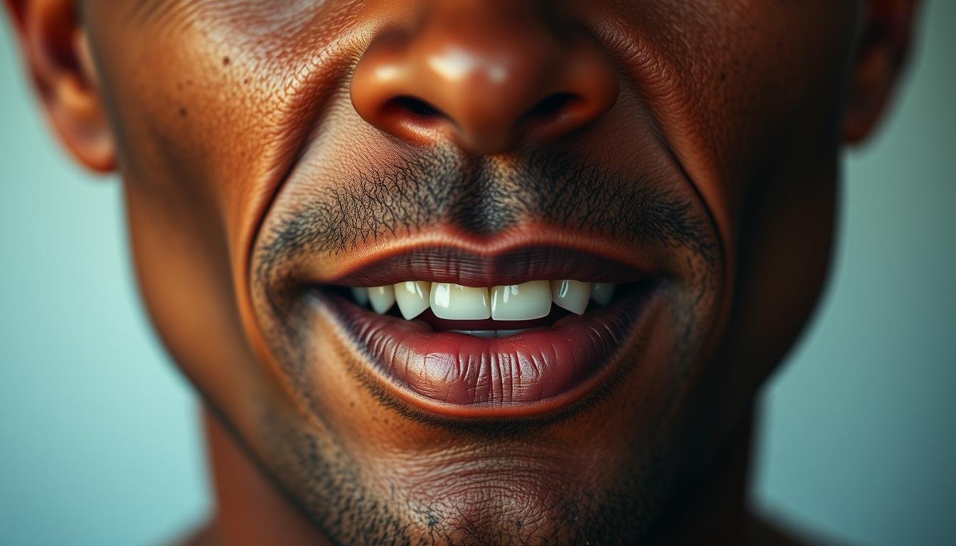 A close-up shot of a male face, with a focused gaze on the mouth and teeth. The skin is smooth and tanned, reflecting a mature, weathered appearance. The lips are slightly parted, revealing a set of well-maintained, pearly white teeth. The lighting is soft and directional, casting subtle shadows that accentuate the facial features. The depth of field is shallow, blurring the background and drawing attention to the intricate details of the mouth and teeth. The overall mood is contemplative, inviting the viewer to consider the significance of this aspect of the subject's physiognomy. A close-up shot of a male face, with a focused gaze on the mouth and teeth. The skin is smooth and tanned, reflecting a mature, weathered appearance. The lips are slightly parted, revealing a set of well-maintained, pearly white teeth. The lighting is soft and directional, casting subtle shadows that accentuate the facial features. The depth of field is shallow, blurring the background and drawing attention to the intricate details of the mouth and teeth. The overall mood is contemplative, inviting the viewer to consider the significance of this aspect of the subject's physiognomy.
