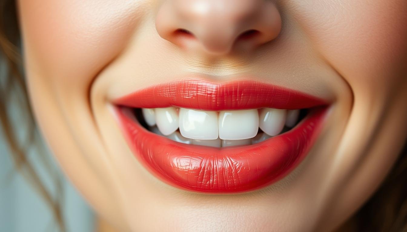 A close-up shot of a woman's full, lush lips in natural lighting. The lips are slightly parted, revealing a hint of pearly white teeth. The skin is soft and supple, with a subtle sheen that captures the moisture and healthiness of the lips. The color ranges from a deep, vibrant red at the center to a lighter, more coral-toned hue at the edges, creating a harmonious blend. The lips exhibit a slight, natural pout, conveying a sense of allure and confidence. The background is softly blurred, allowing the focus to remain solely on the captivating, expressive lips.